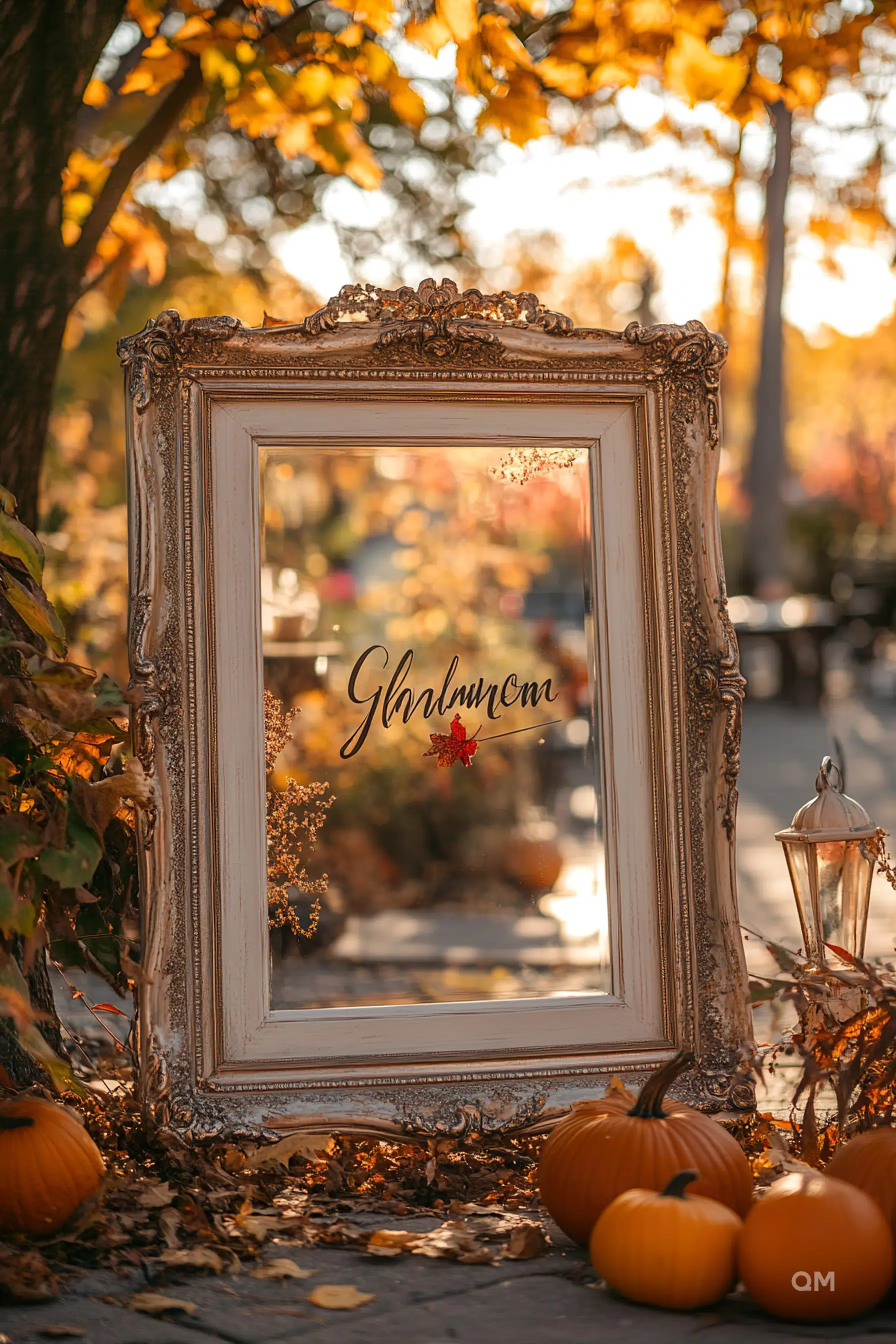 Ornate vintage frame outdoors with autumn leaves, pumpkins, and a lantern; handwritten "Ghahreman" on the glass, framed by fall colors.