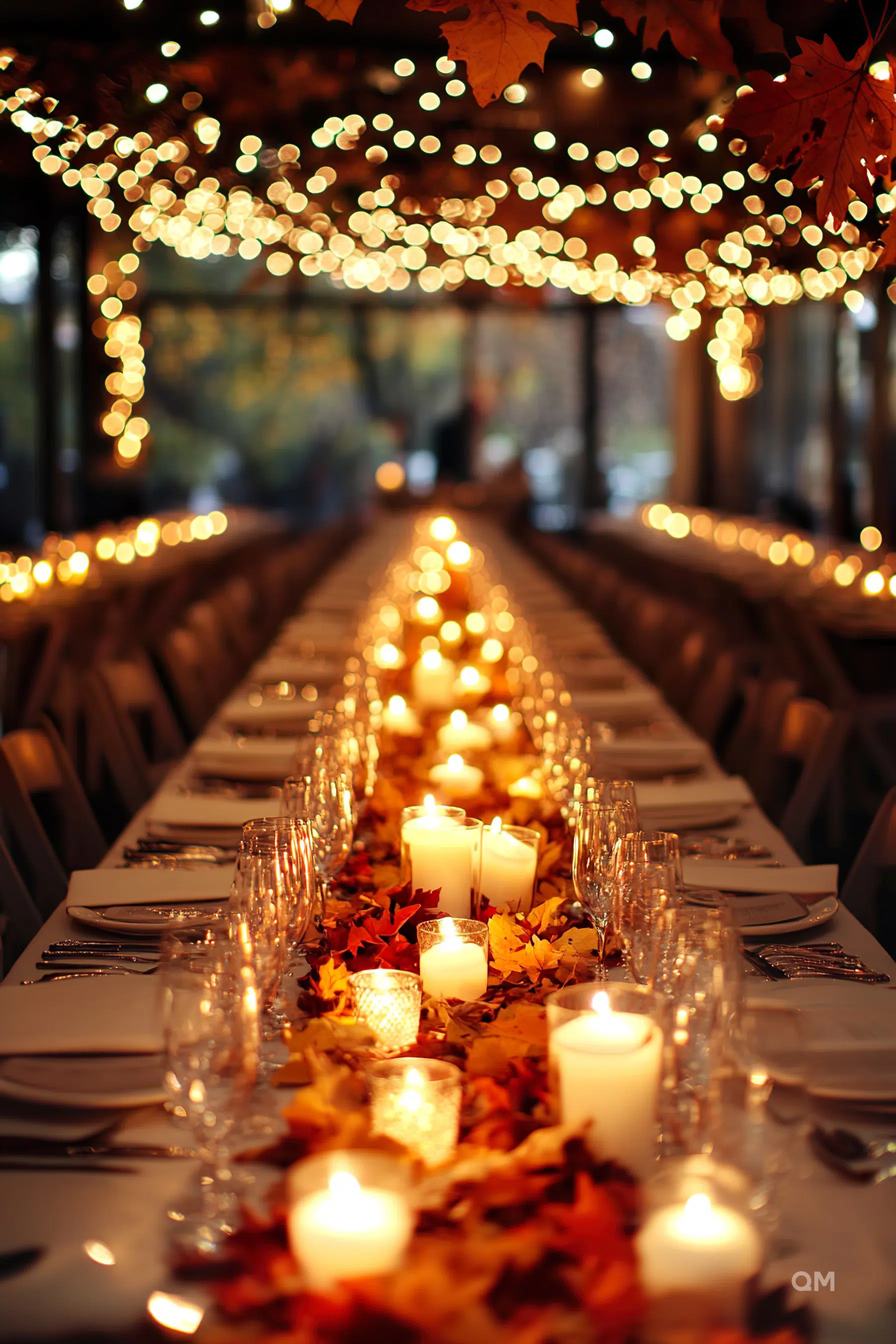 ALT text: Festive table setting adorned with candles, fallen autumn leaves, and twinkling string lights creating a warm, inviting atmosphere.