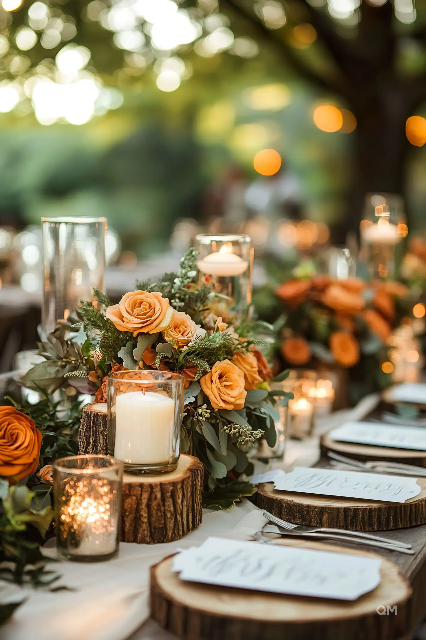 Elegant outdoor table setting with orange roses, greenery, candles, and rustic wood accents at a twilight event.