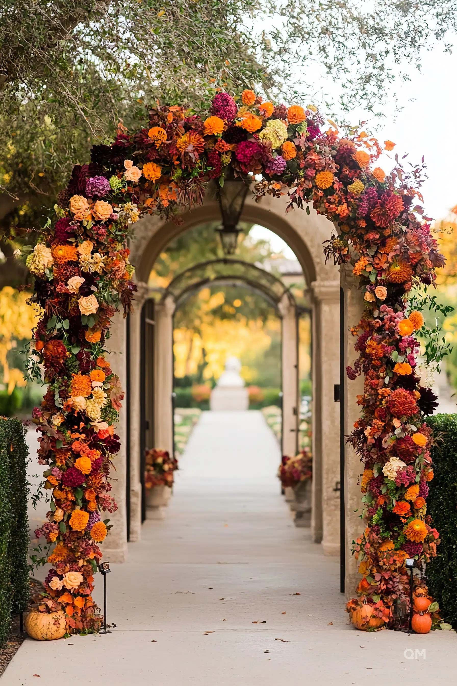 A vibrant floral archway in autumn colors over a garden path, flanked by green hedges and topped with intertwined branches.