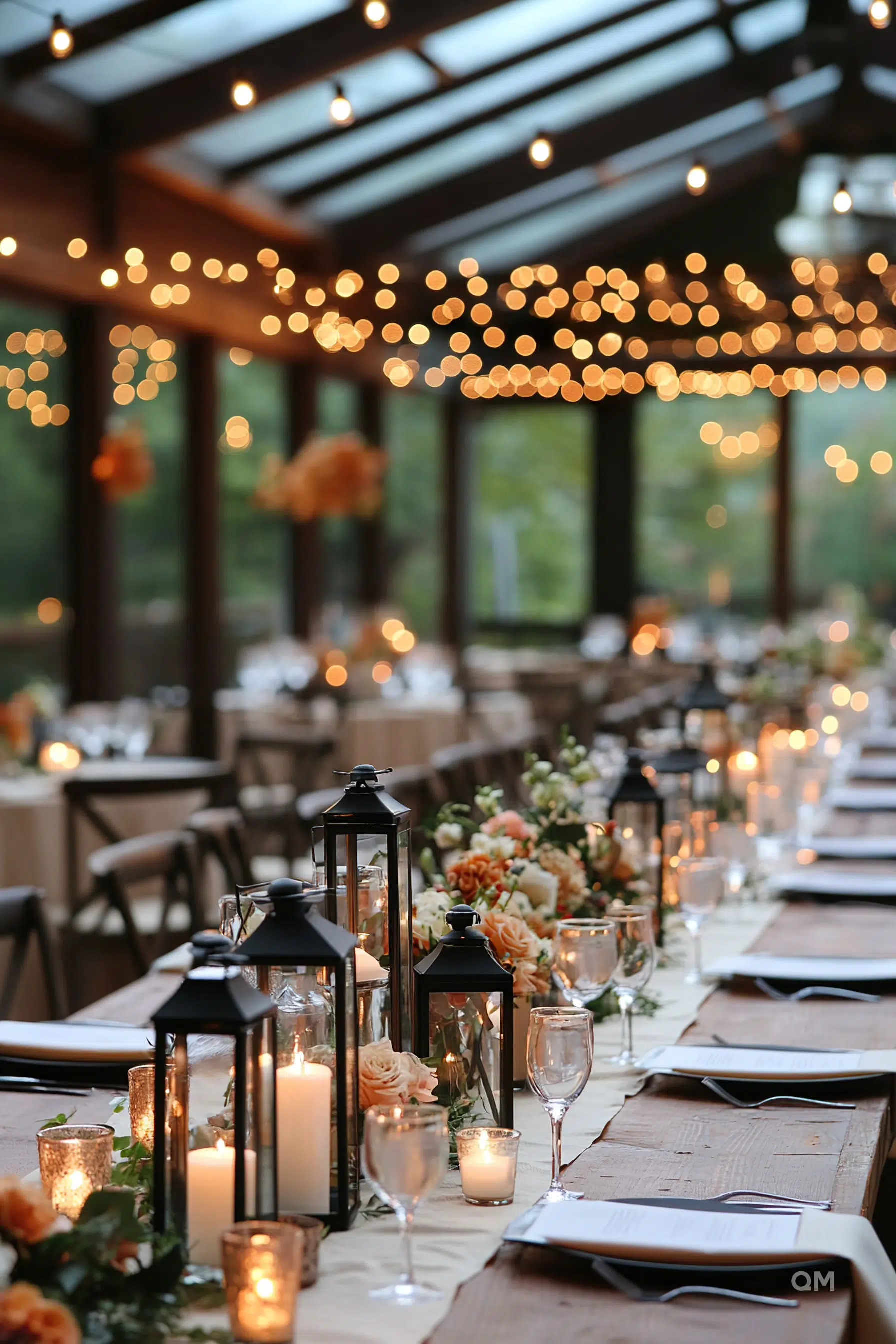 Elegant dining setup with lit candles, floral arrangements, and twinkling lights creating a warm, intimate atmosphere.
