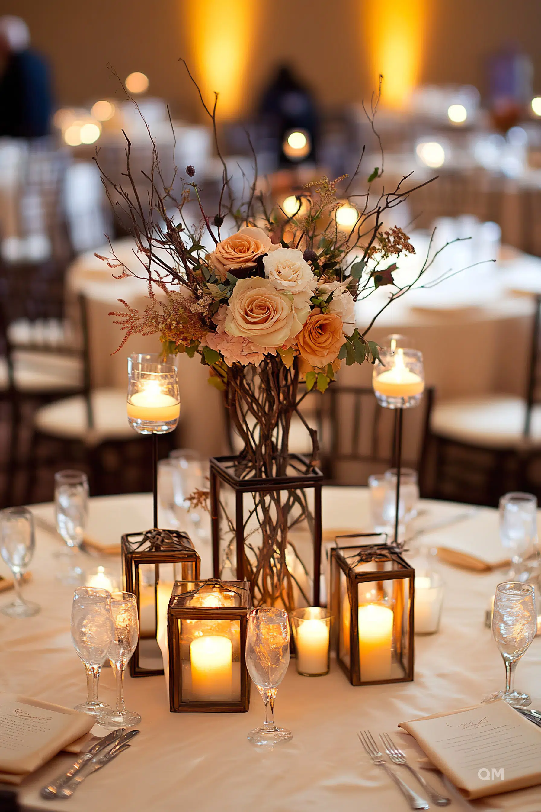Elegant table setting with floral centerpiece, surrounded by lit candles in glass holders, creating a warm ambiance.