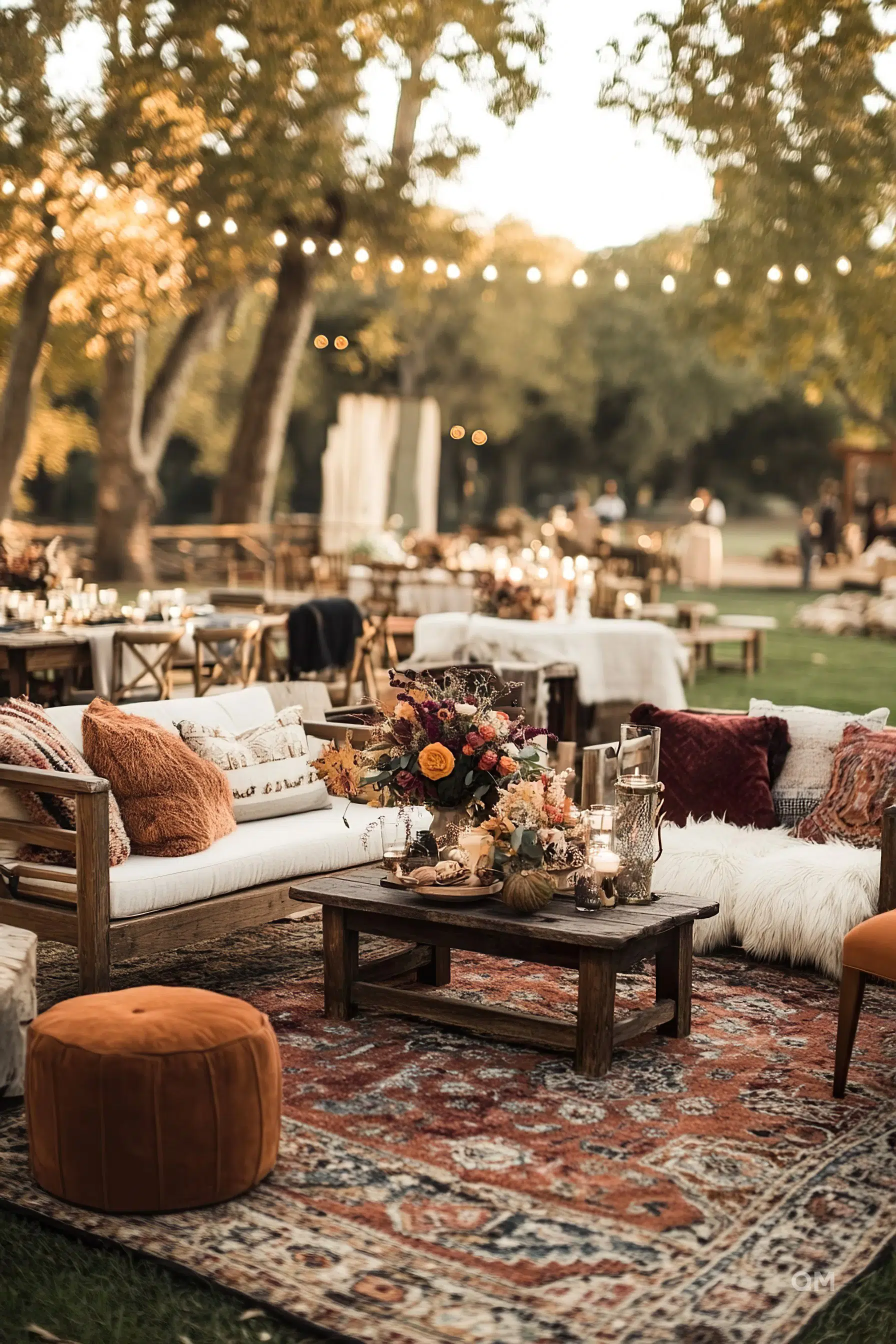 Cozy outdoor event setting with elegant sofas, cushions, floral arrangements, and string lights draped between trees at dusk.