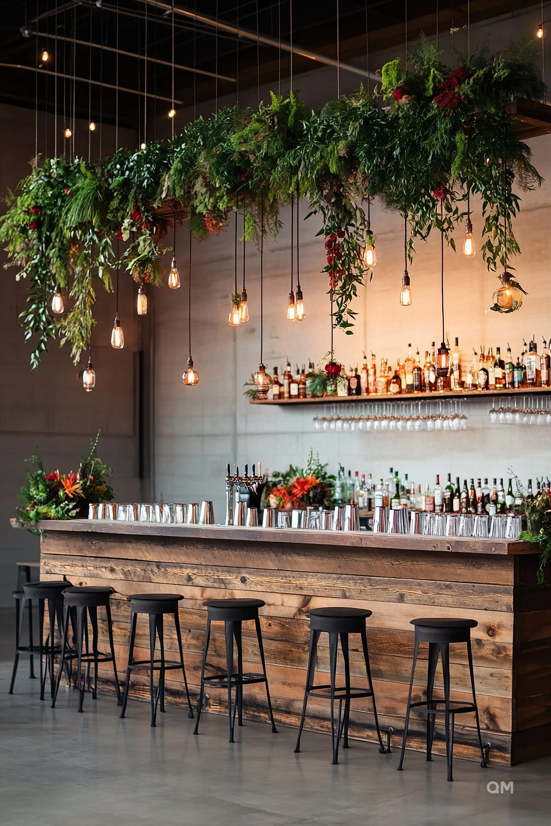 A modern bar with hanging Edison lights, greenery, and exposed wood, accompanied by stools and shelves stocked with bottles.