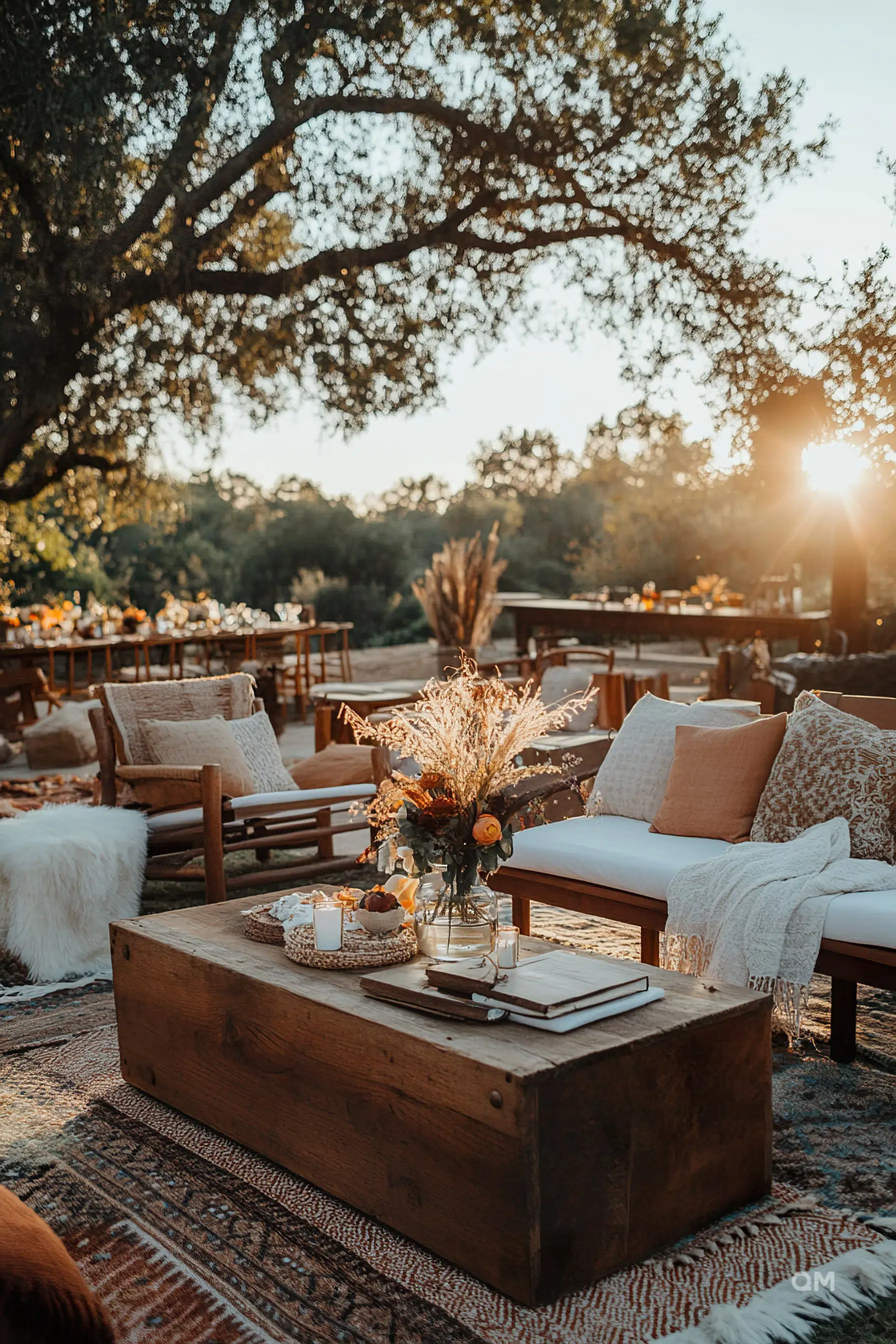 Cozy outdoor seating area with rustic wood furniture, textured rugs, and decorative pillows, captured at sunset under sprawling oak branches.