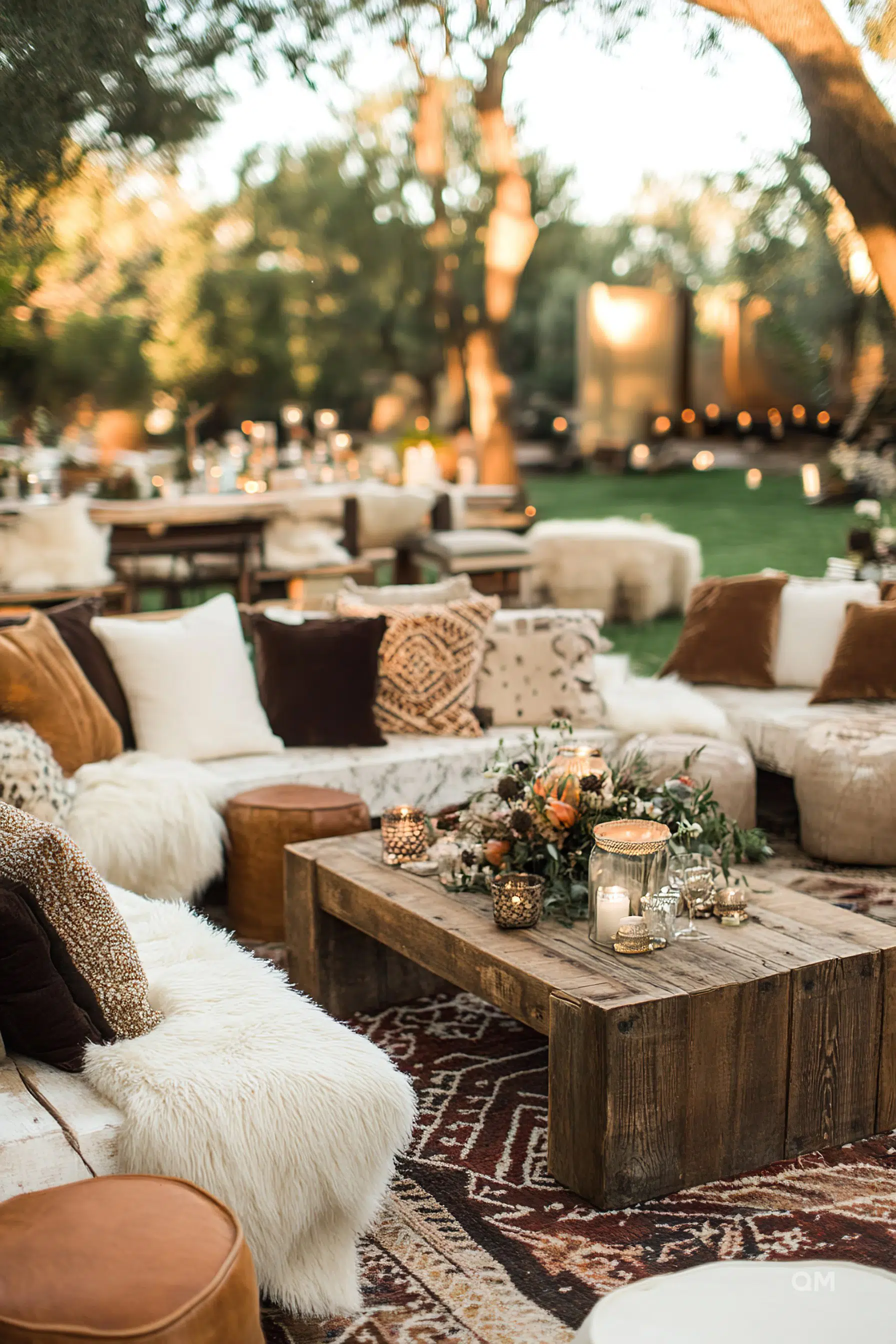 Cozy outdoor seating area with plush cushions, wooden tables, patterned rugs, and candles, amidst greenery and twinkling lights.