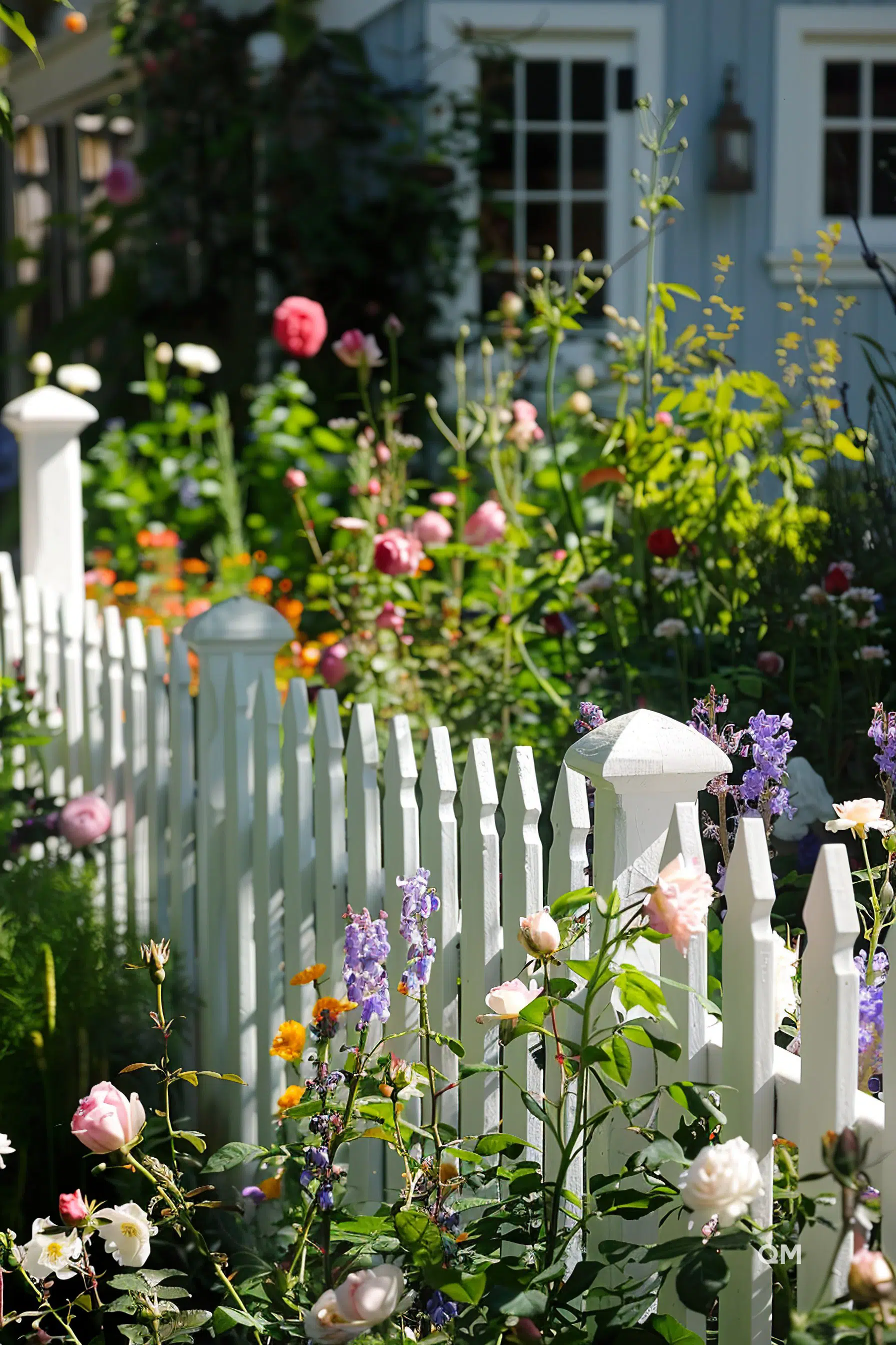 A vibrant garden with blooming flowers in front of a white picket fence and a house with window shutters.
