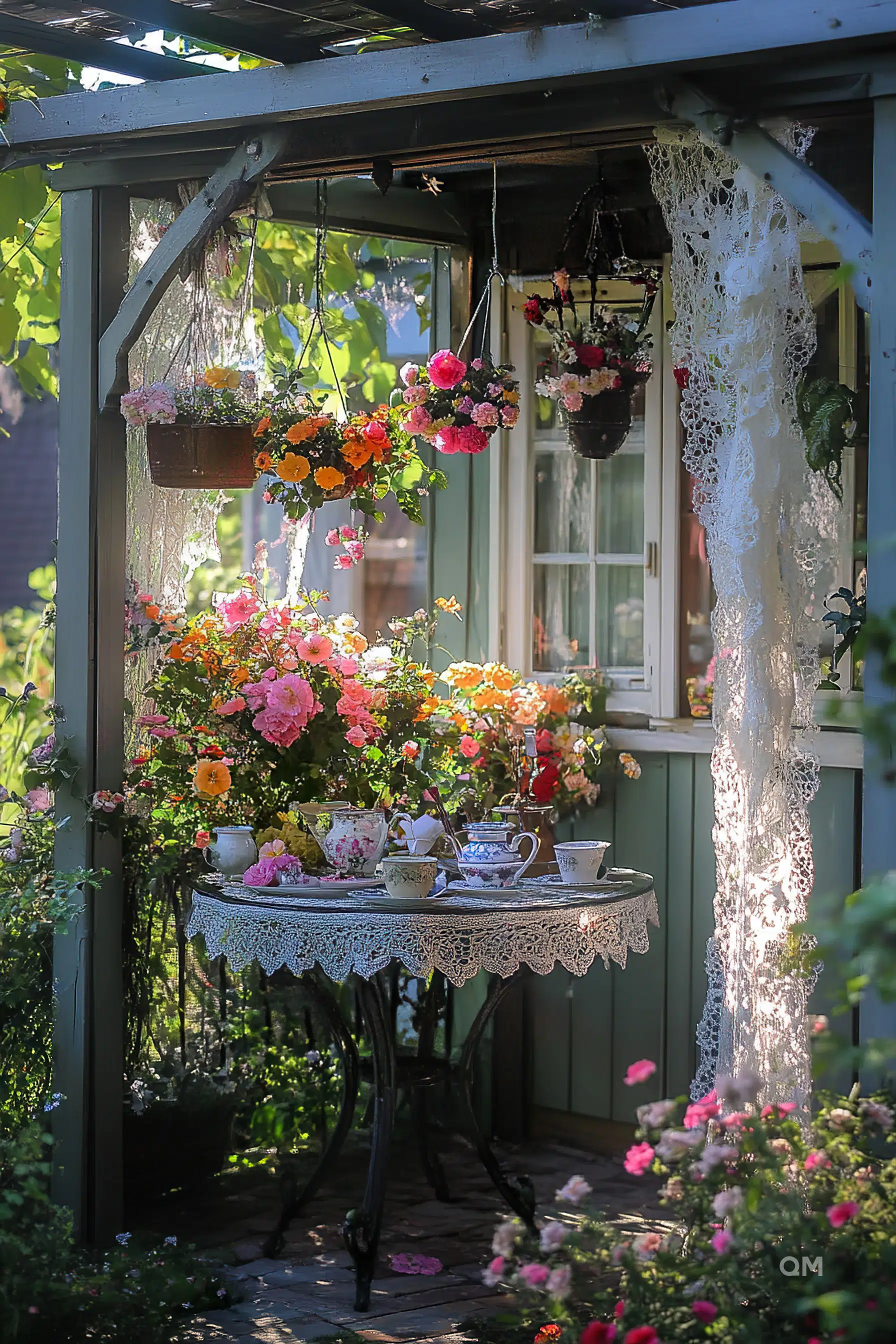 A quaint garden nook with a vintage table set for tea, surrounded by lush flowers and hanging plants, with sunlight filtering through.