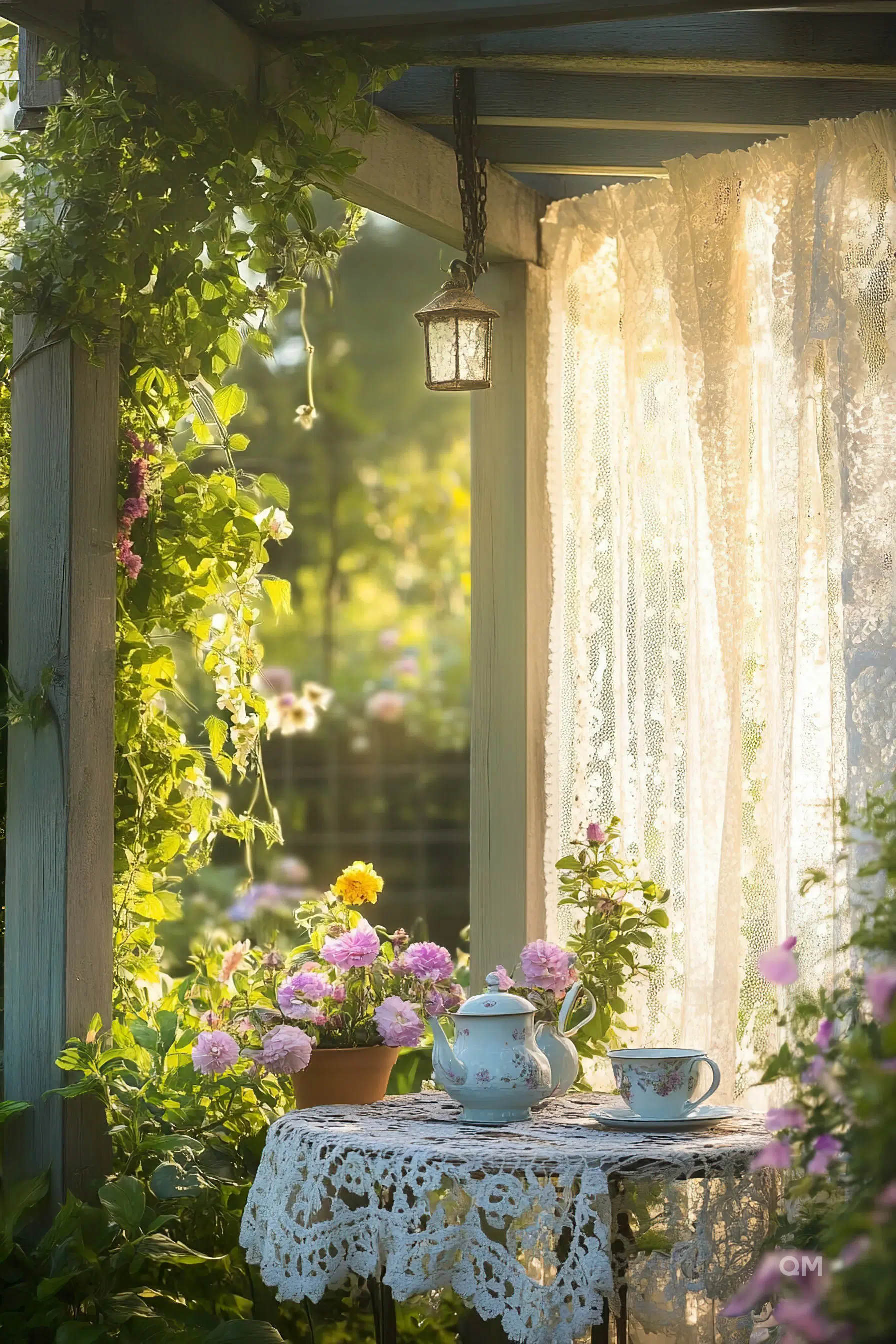 A serene garden scene with a vintage tea set on a lace-covered table, surrounded by lush greenery and flowering plants, bathed in warm sunlight.