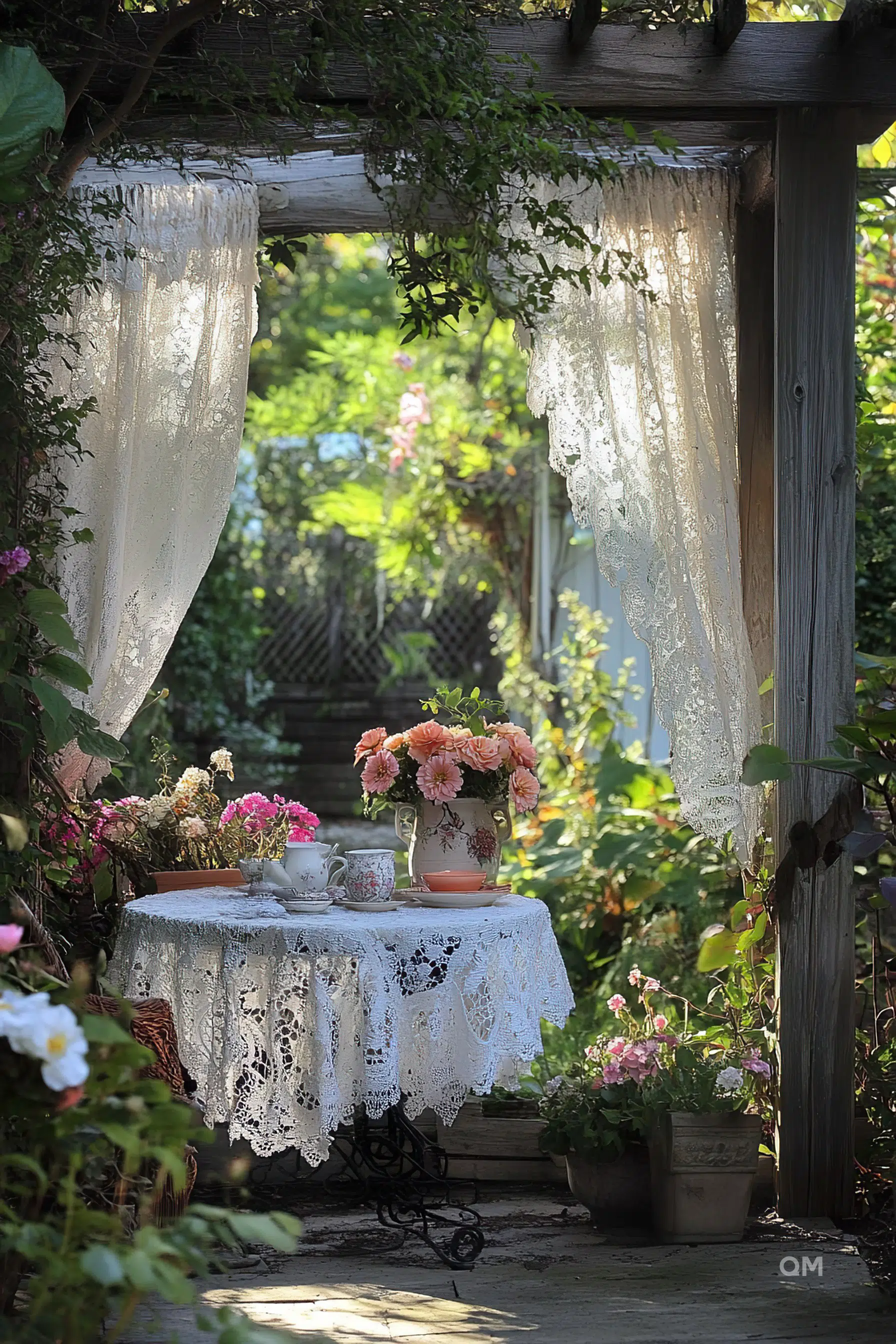 A quaint garden scene with lace curtains, a table set with tea and a vase of pink flowers, surrounded by lush greenery and blooming plants.