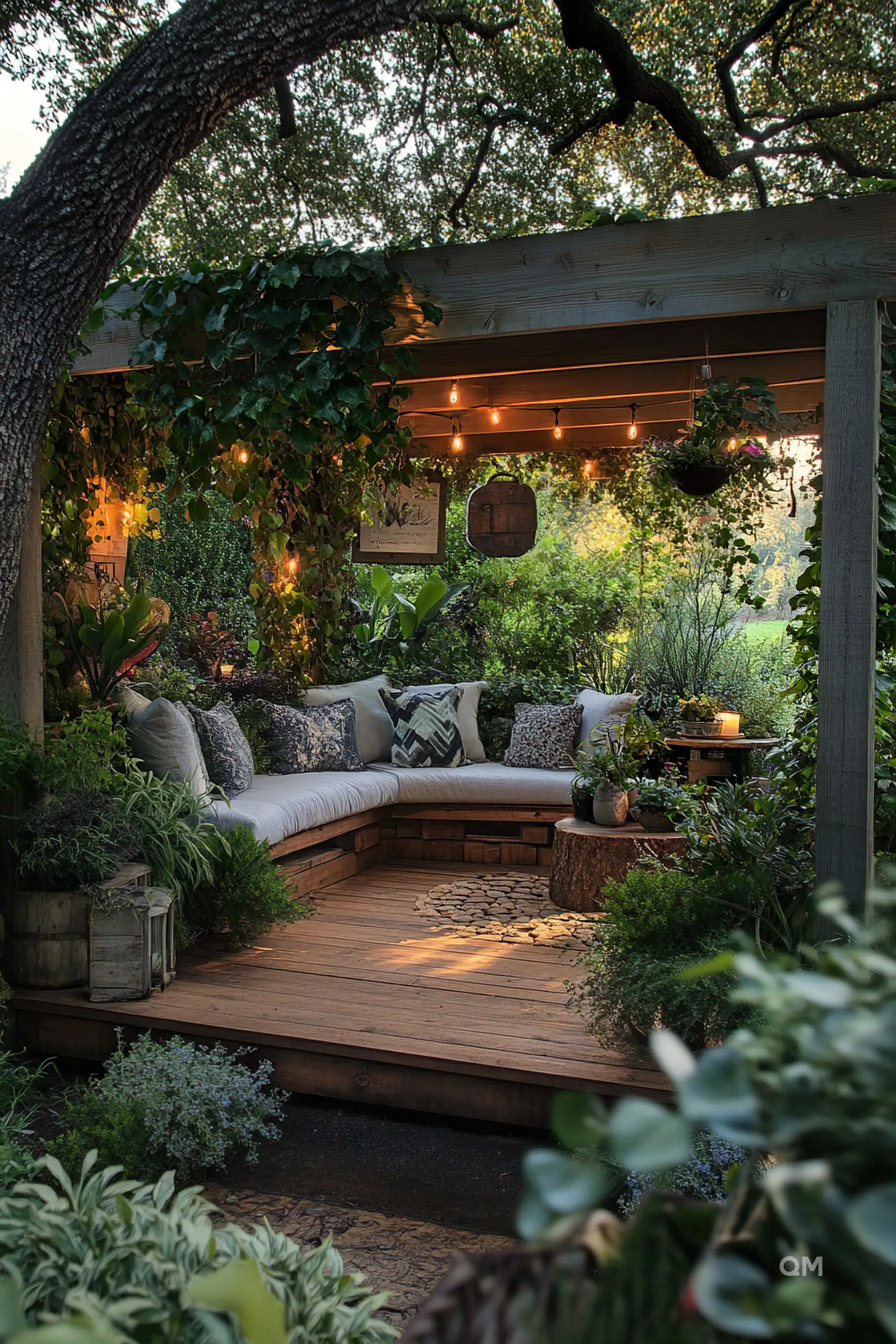 Cozy outdoor seating area with string lights, surrounded by lush greenery and built-in wooden benches with cushions and pillows.