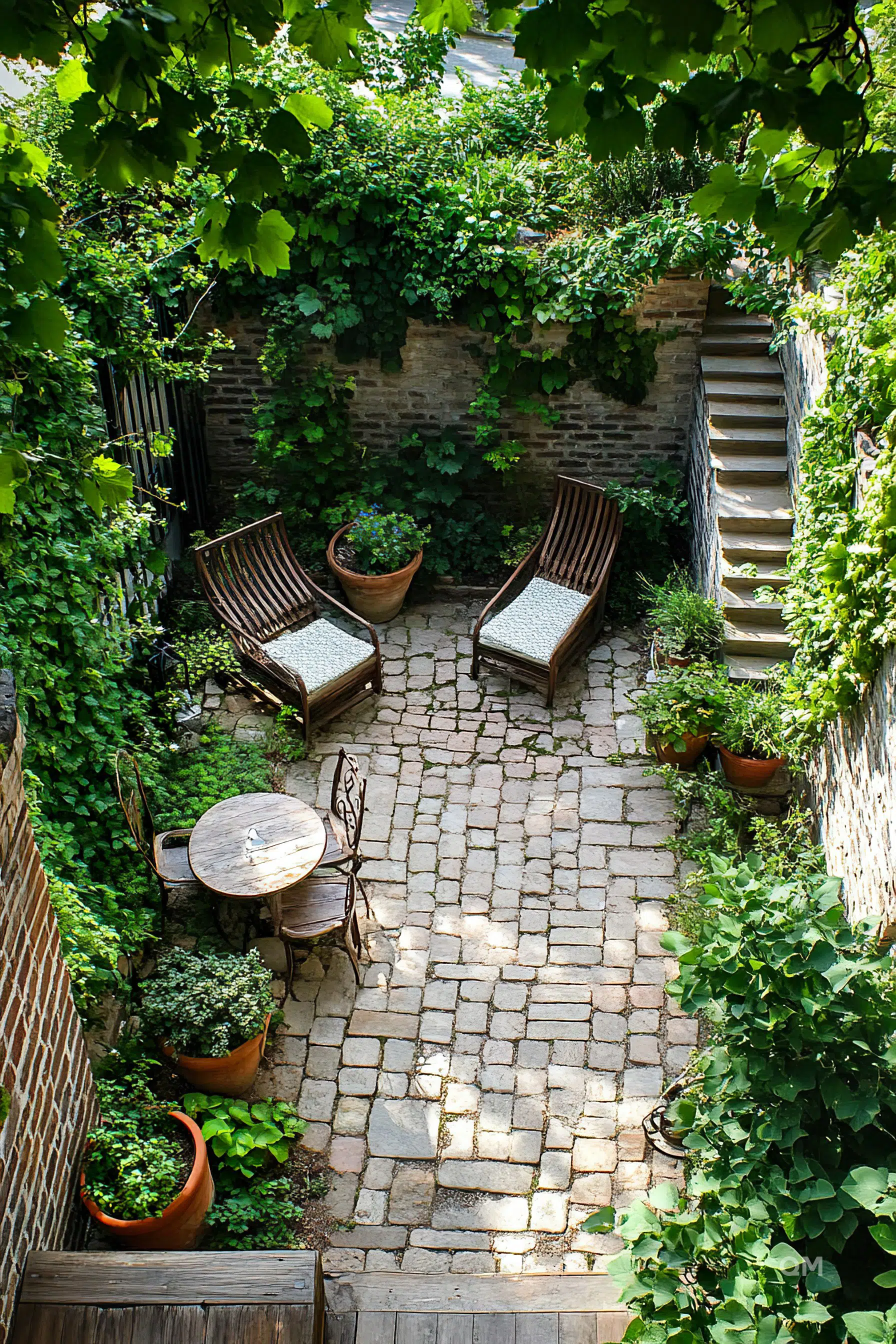A cozy, high-walled garden patio with green foliage, two wooden loungers, a round table, chairs, and cobblestone paving.