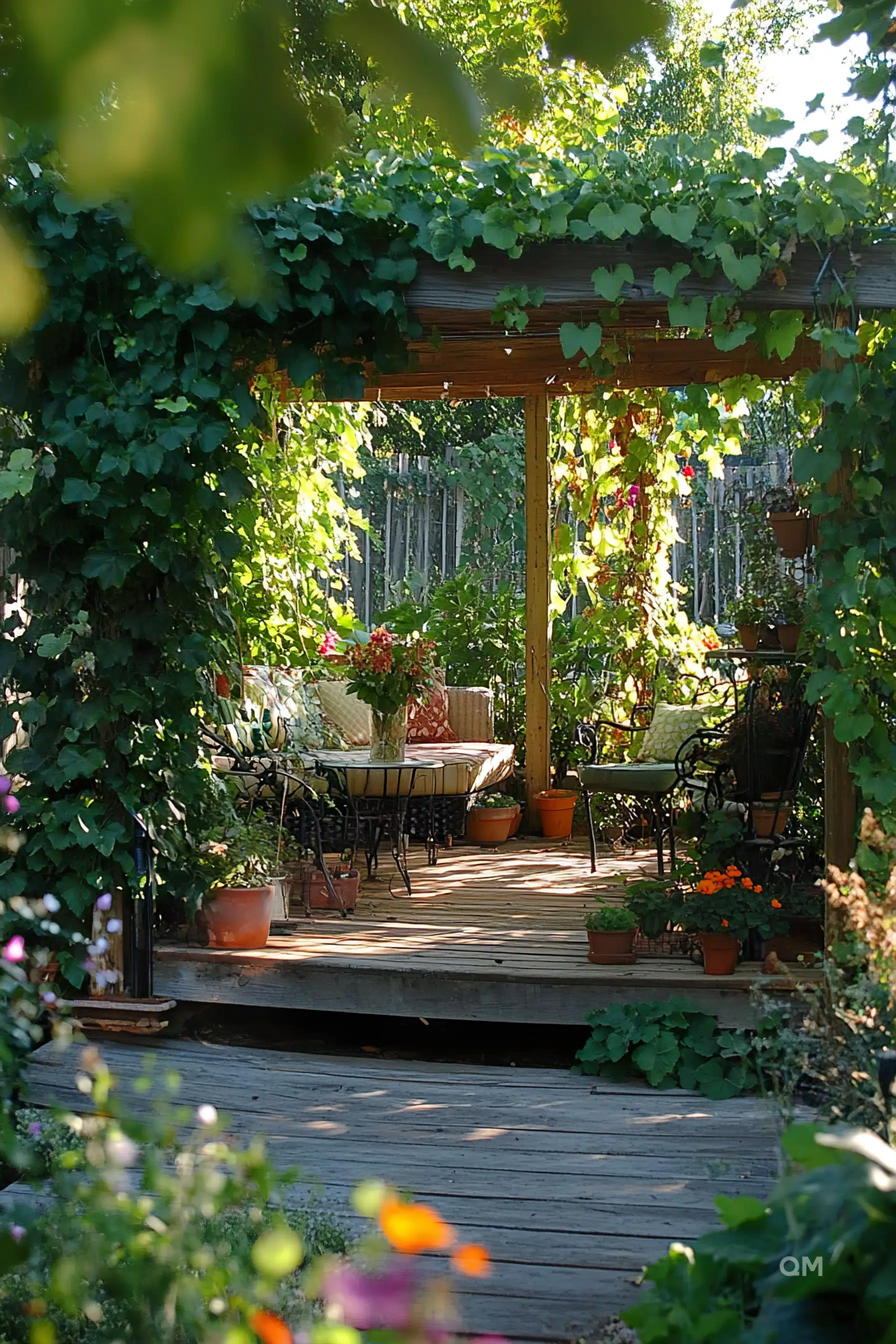 ALT: A cozy garden patio covered with a grapevine pergola, furnished with a bench and chairs, surrounded by greenery and flowers in pots.