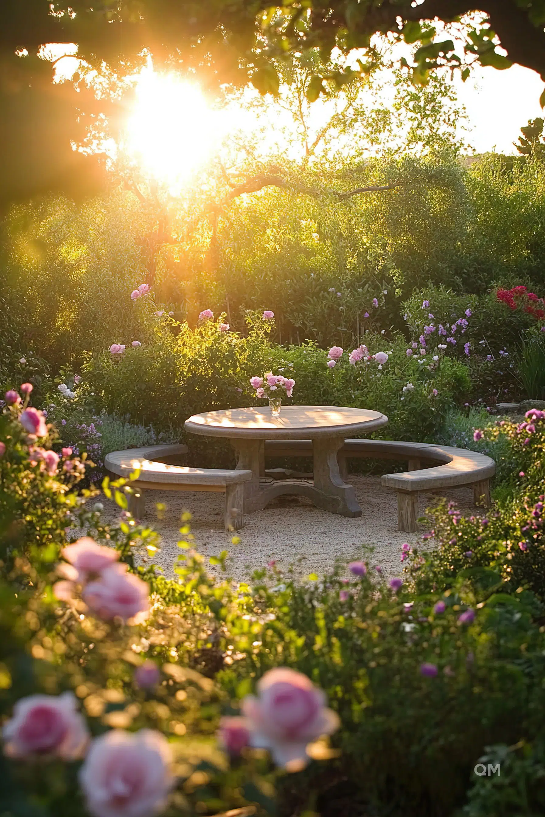 A tranquil garden scene at sunset with blooming flowers and a stone table with benches bathed in the warm glow of the sun.