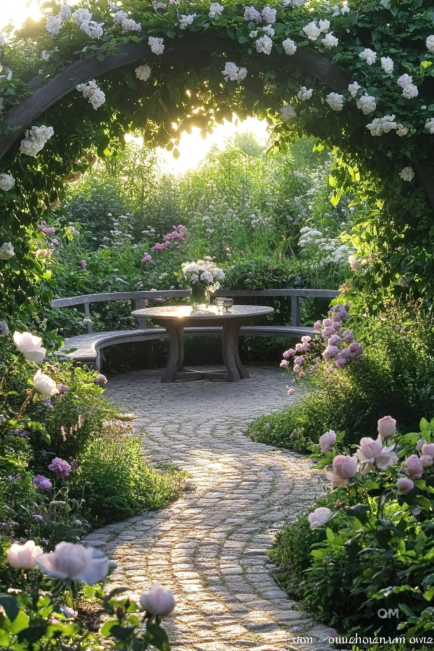 A serene garden pathway lined with blooming roses leads to a circular bench under a rose-covered archway, with the sun setting in the background.