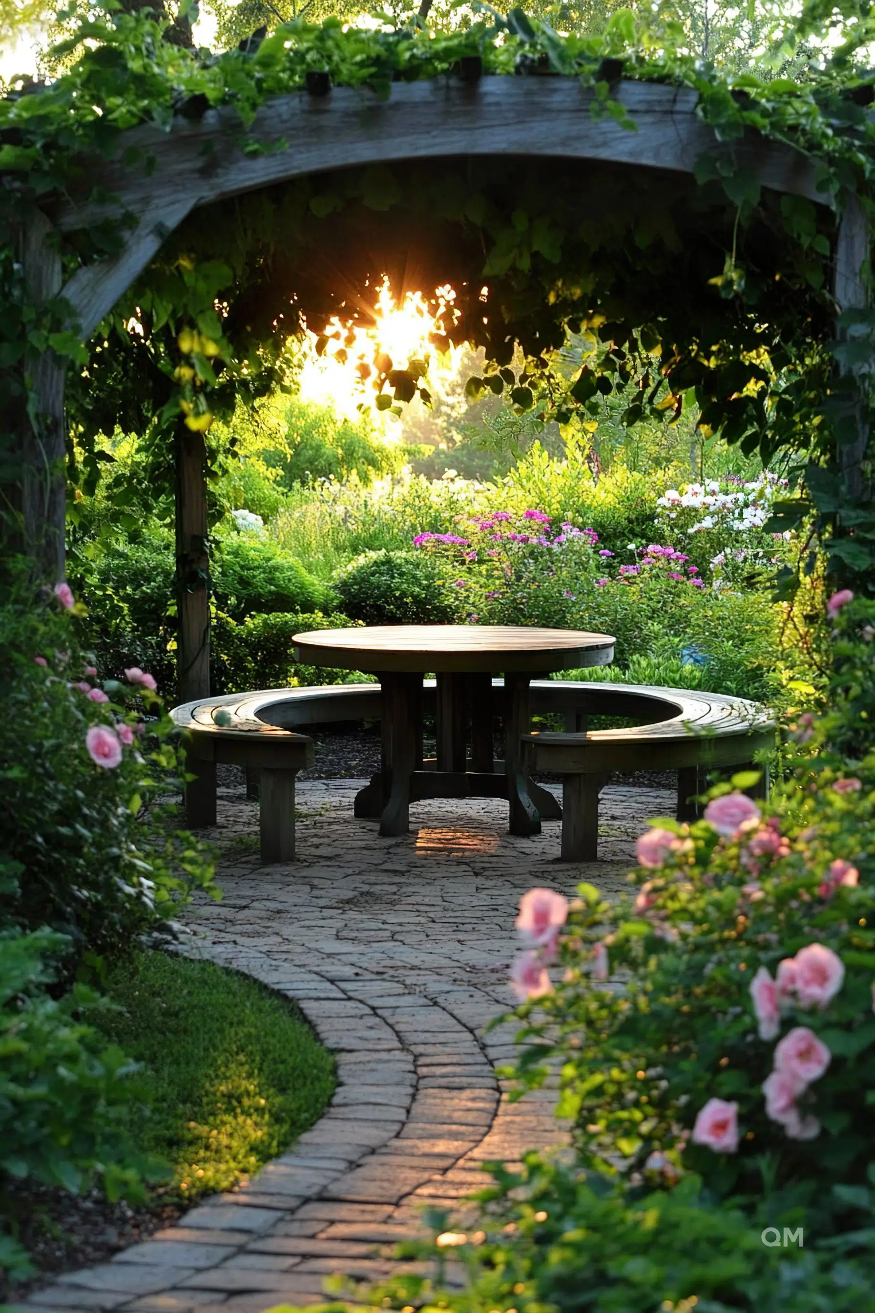 A serene garden path leading to a round table under a vine-covered arch with the sun setting through the foliage in the background.