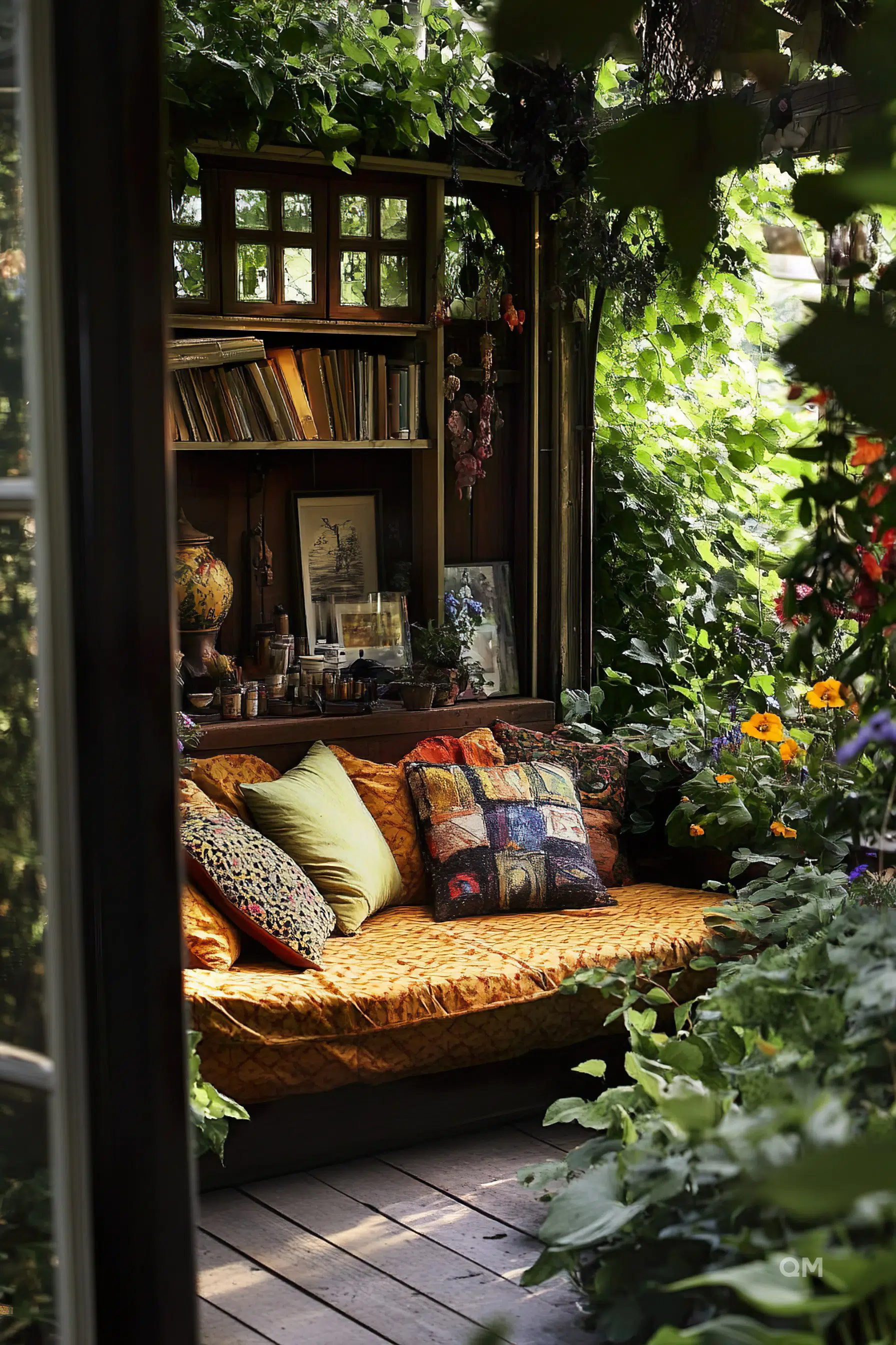 A cozy reading nook with a plush bench, colorful pillows, surrounded by lush greenery and bookshelves, bathed in natural light.