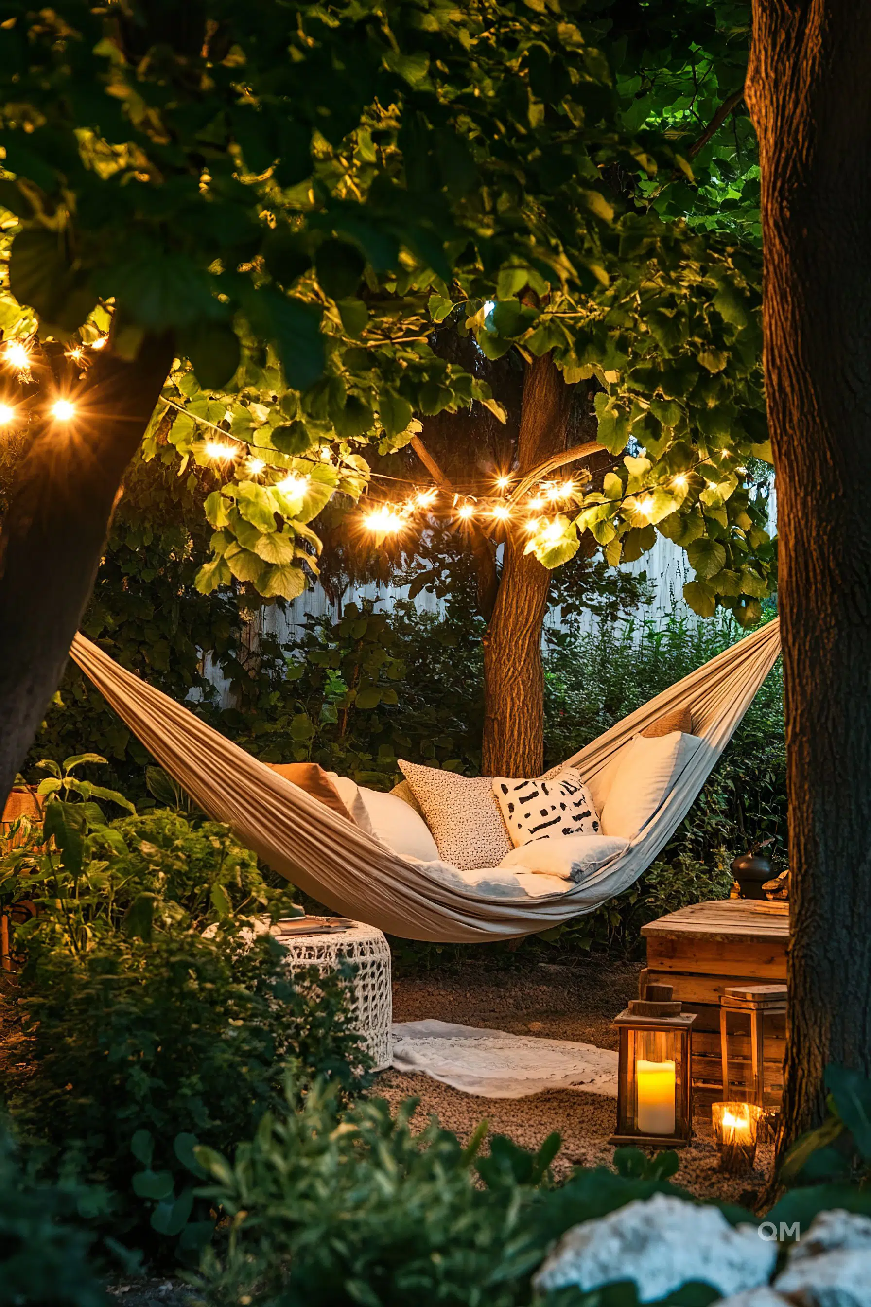 Cozy backyard setting at dusk with a hammock strung between trees, surrounded by plants, and adorned with warm string lights.