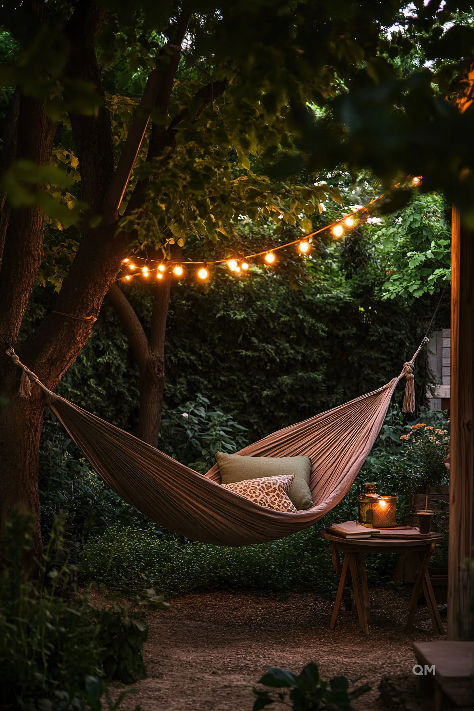 A cozy backyard scene at dusk with a hammock strung between trees, warm string lights overhead, and a candlelit side table.