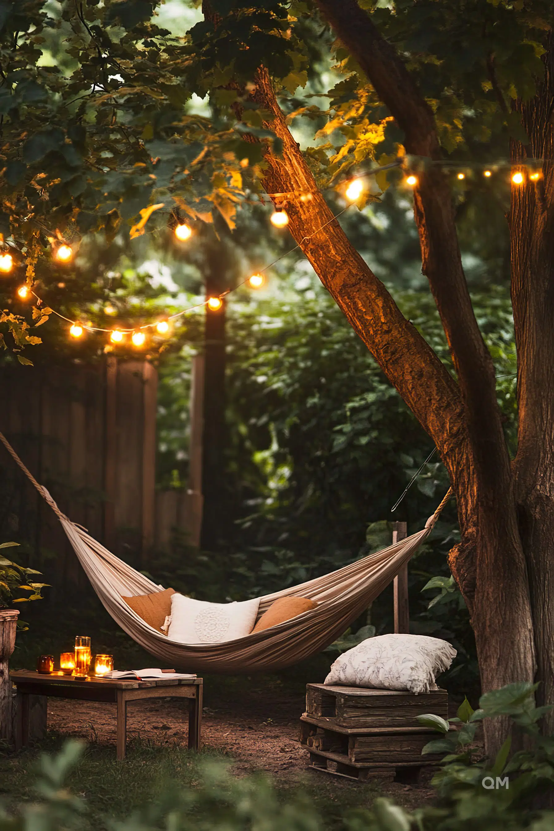 A cozy backyard scene with a hammock strung between trees, illuminated by a strand of warm lights, next to a small table with candles and a book.