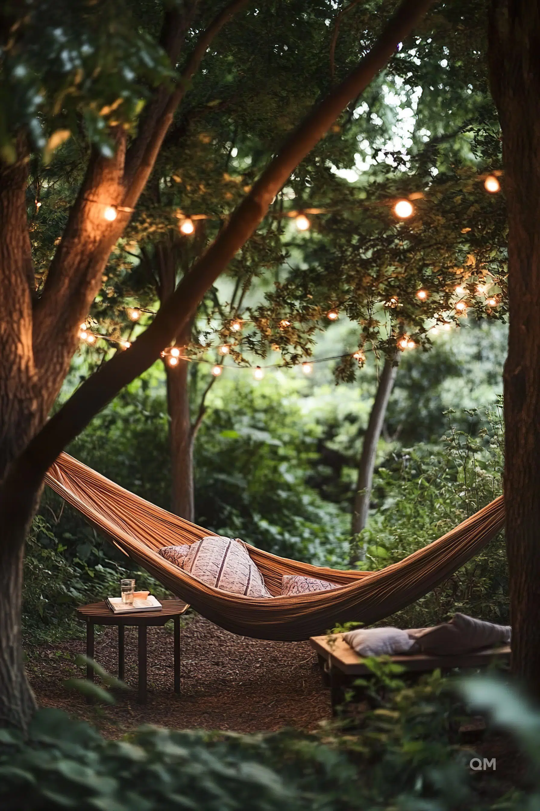 ALT text: "A cozy hammock with pillows hung between trees, adorned with warm string lights in a serene, green forest setting at dusk."