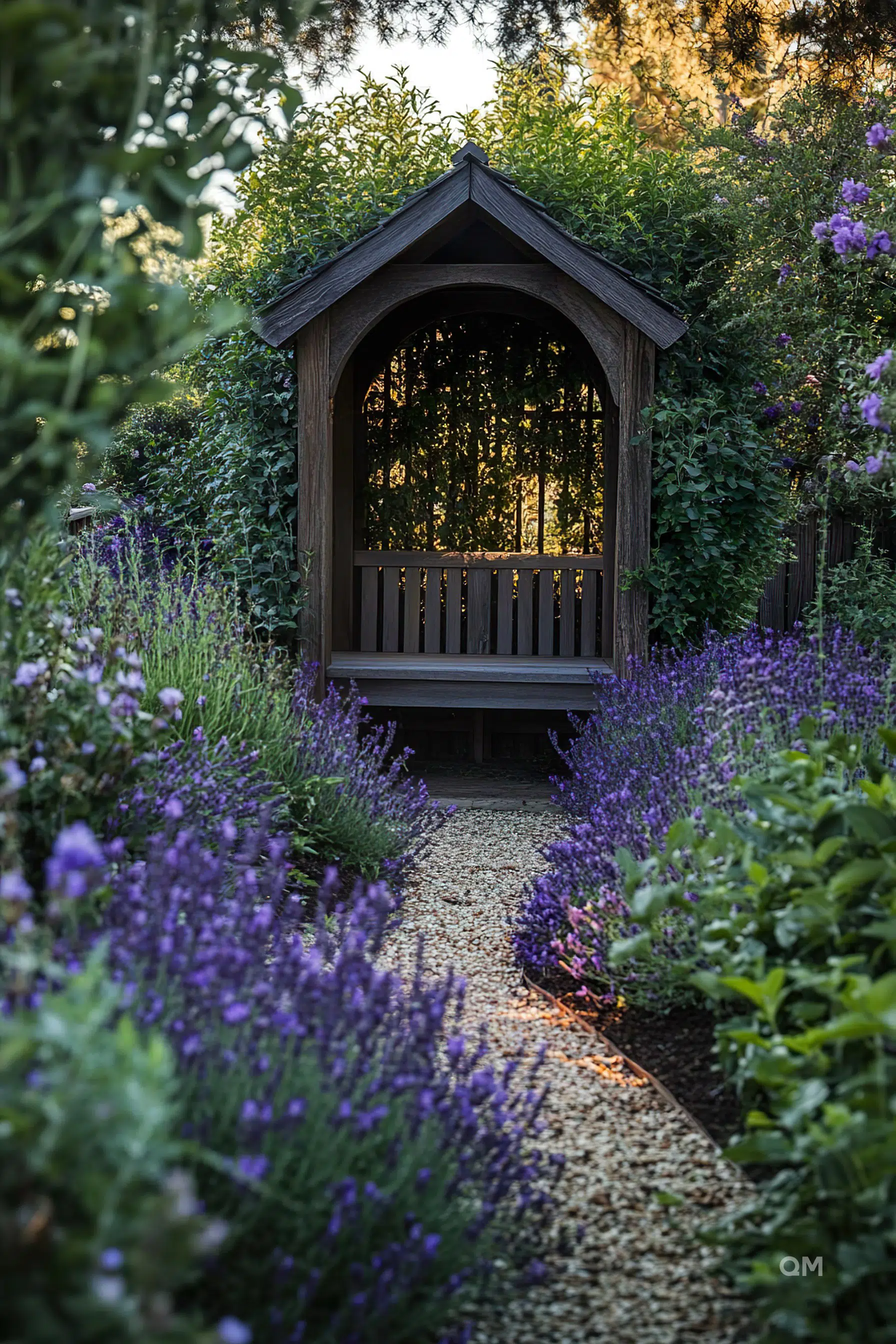A wooden garden arbor surrounded by blooming lavender and green foliage with a gravel path leading to it.