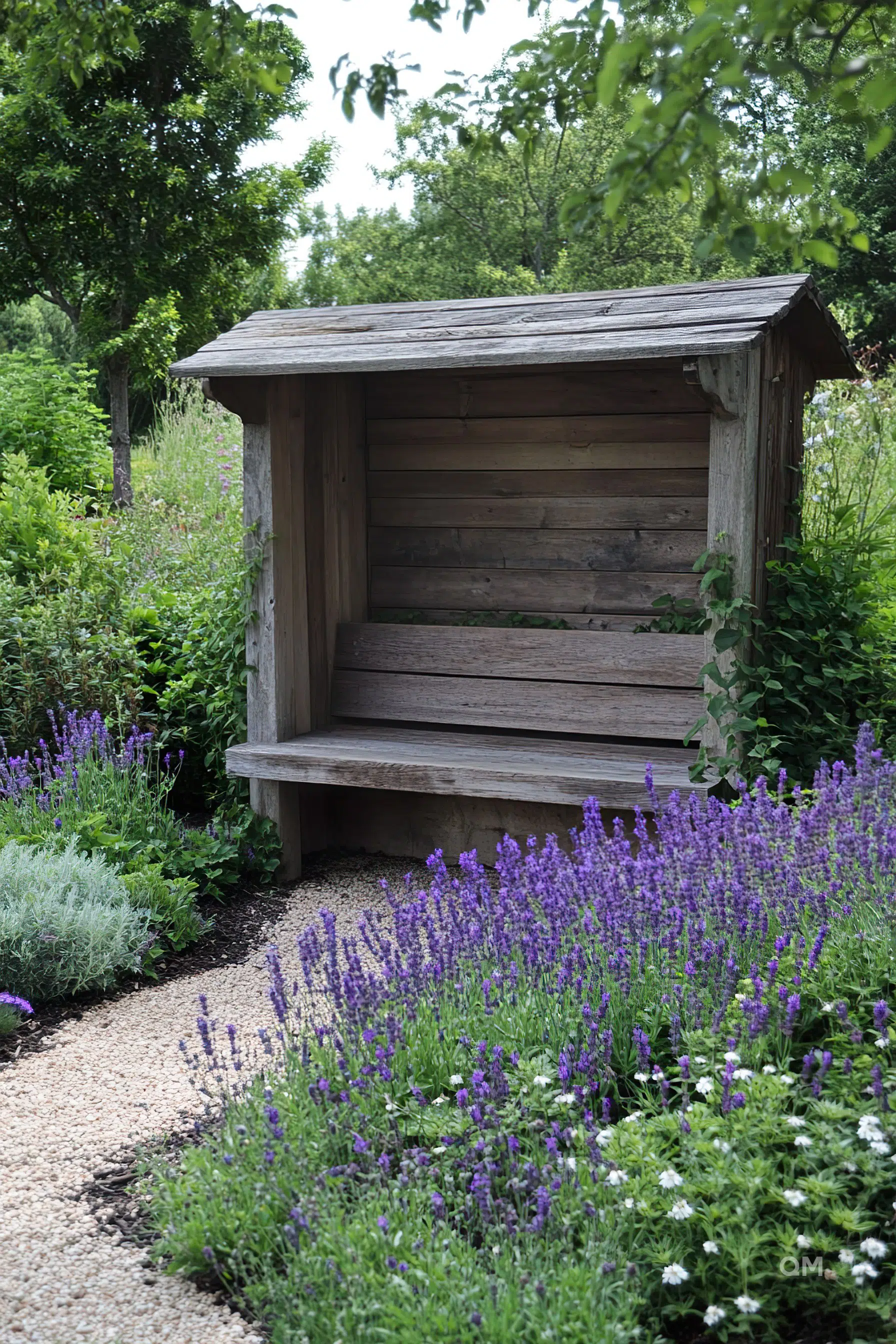 A wooden bus shelter surrounded by blooming purple lavender and white wildflowers with a green leafy background.