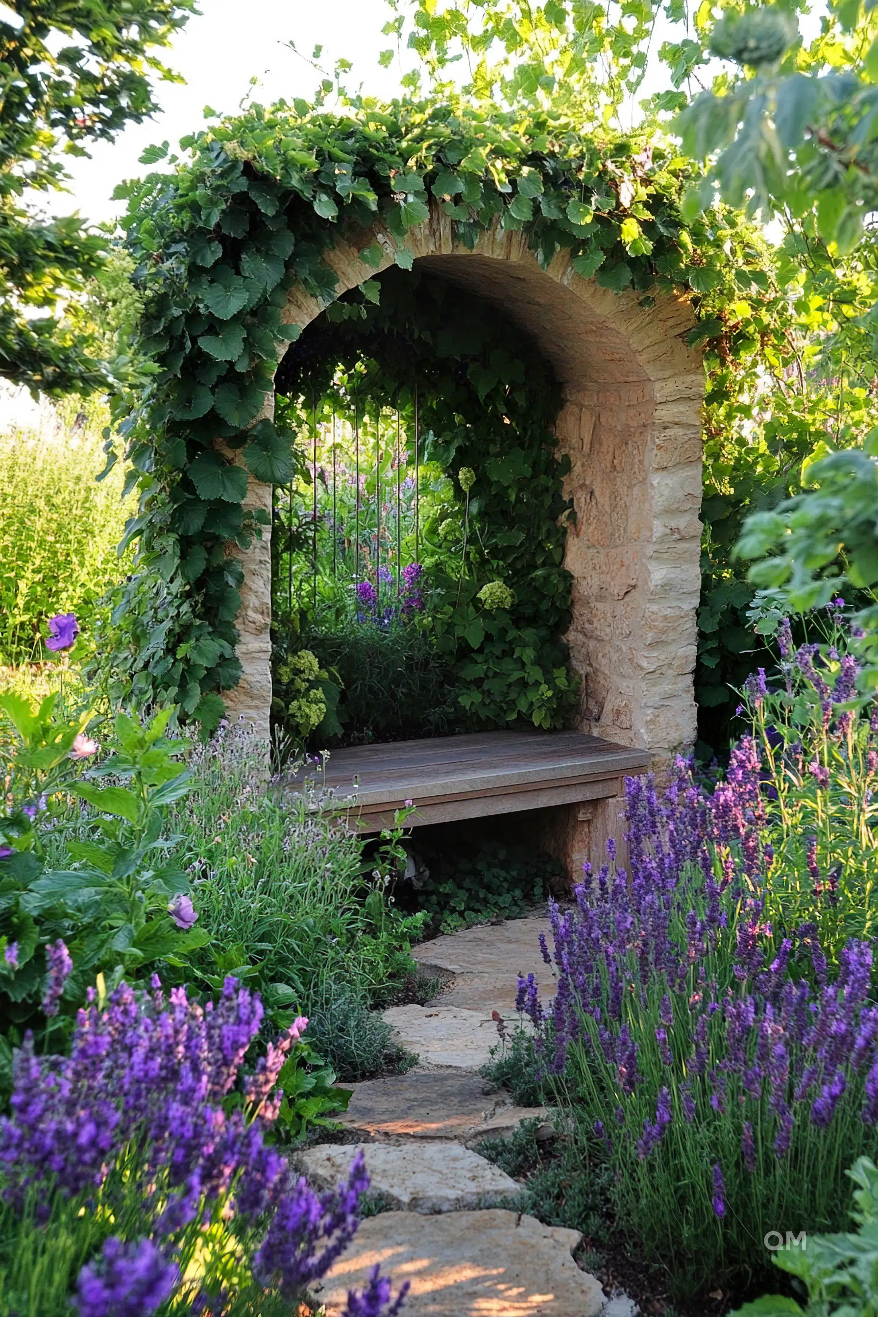 Stone archway covered in greenery with a wooden bench inside, surrounded by vibrant purple and green garden plants.
