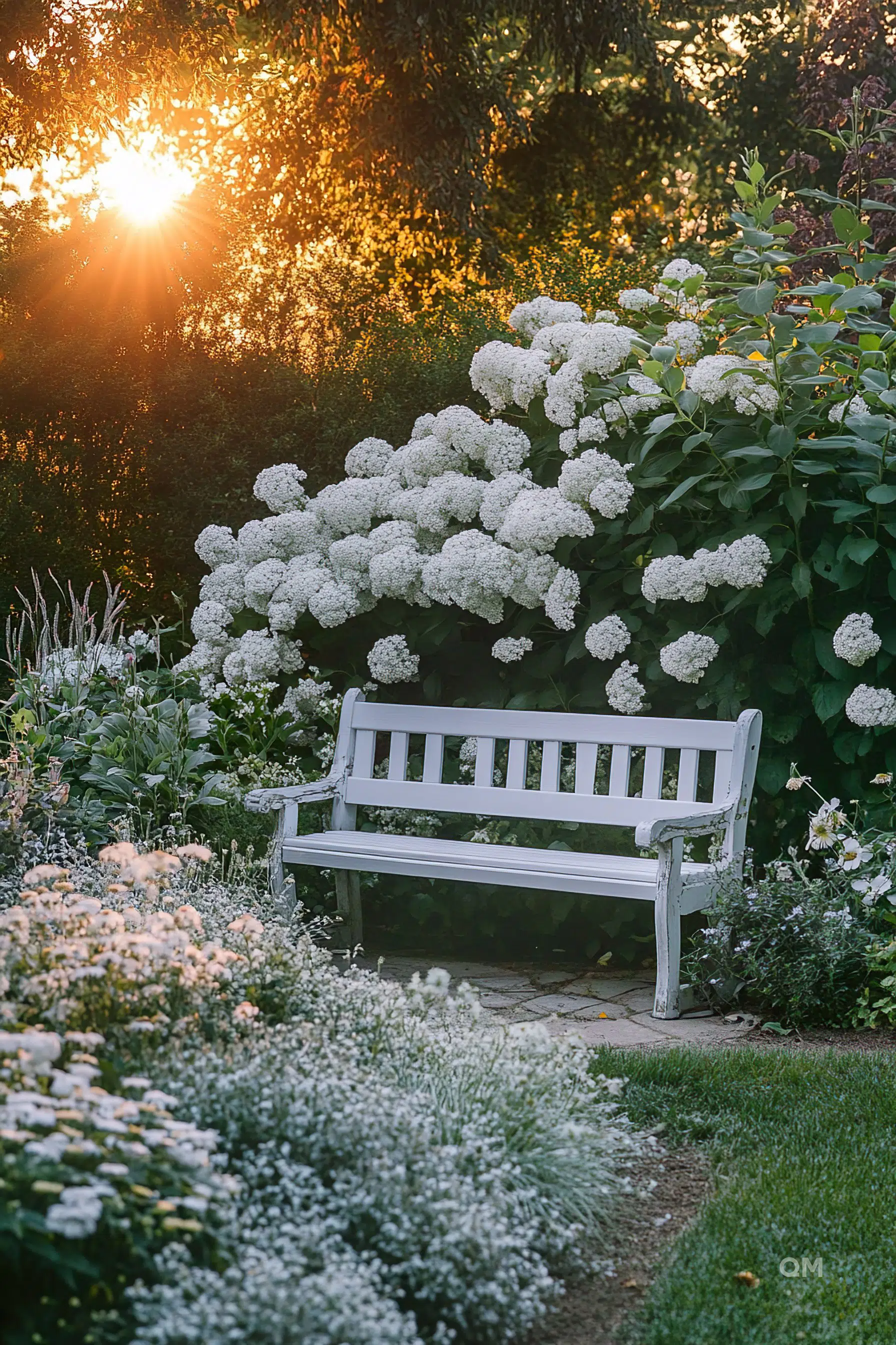 A serene garden at sunset with a white bench surrounded by blooming flowers and warm sunlight filtering through trees.