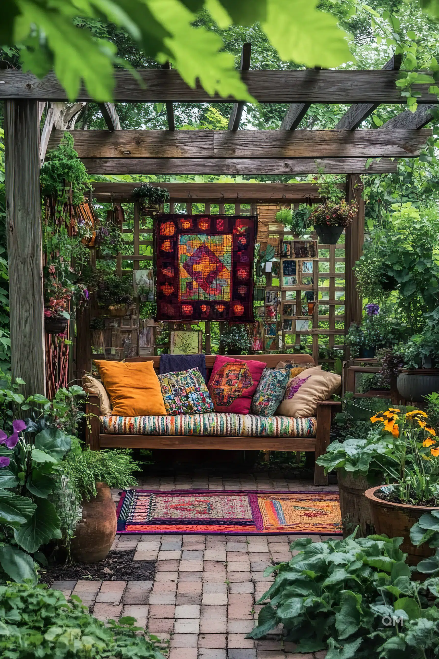 ALT: A cozy garden nook with a wooden bench adorned with colorful cushions, surrounded by lush greenery, hanging plants, and vibrant tapestries.