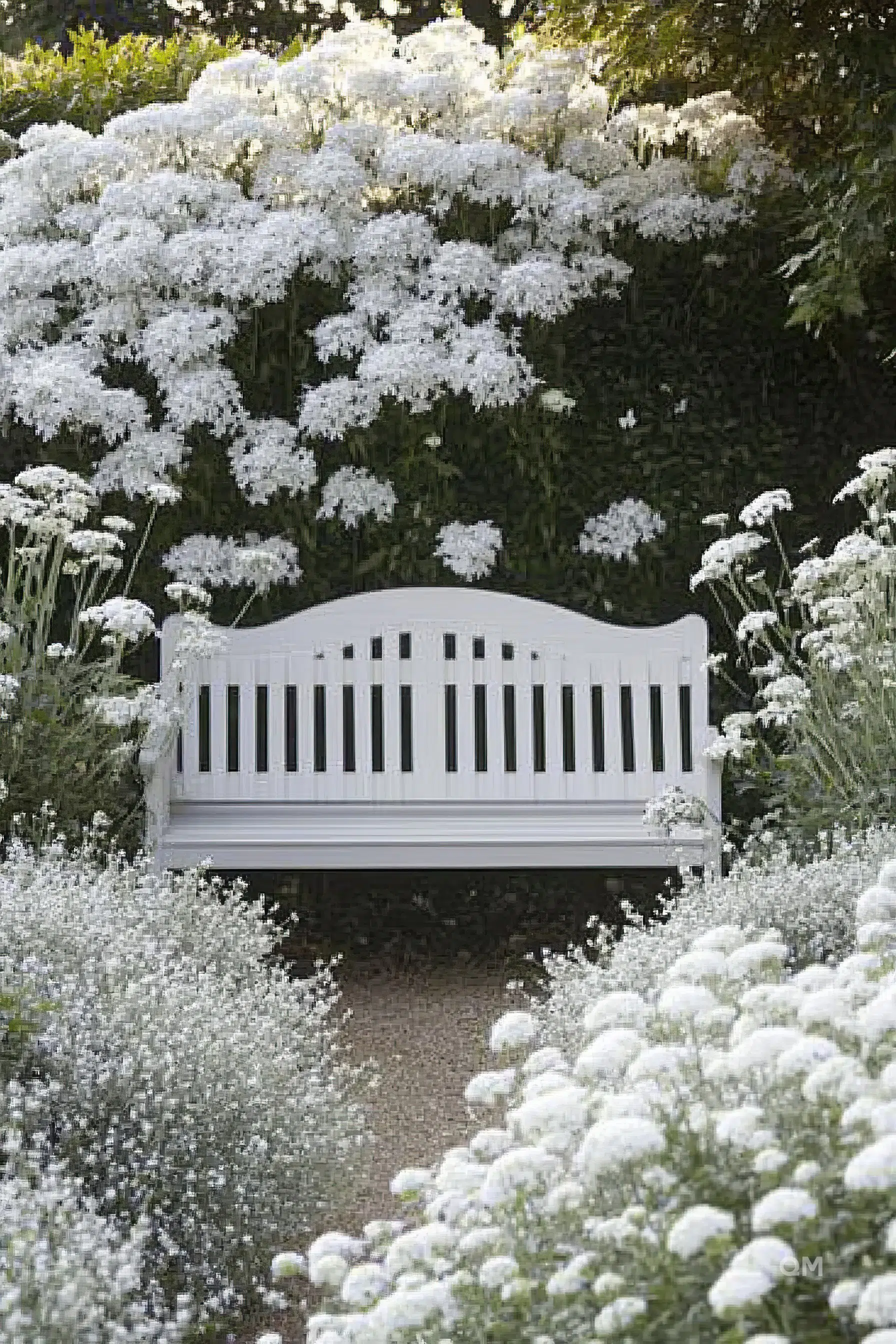 A white garden bench surrounded by lush white flowers in a serene garden setting.