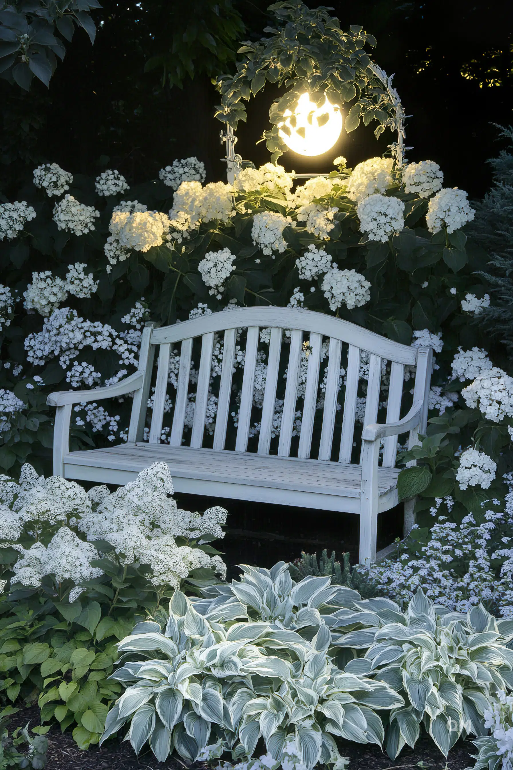 A wooden garden bench surrounded by blooming white hydrangeas under a glowing outdoor light at dusk.