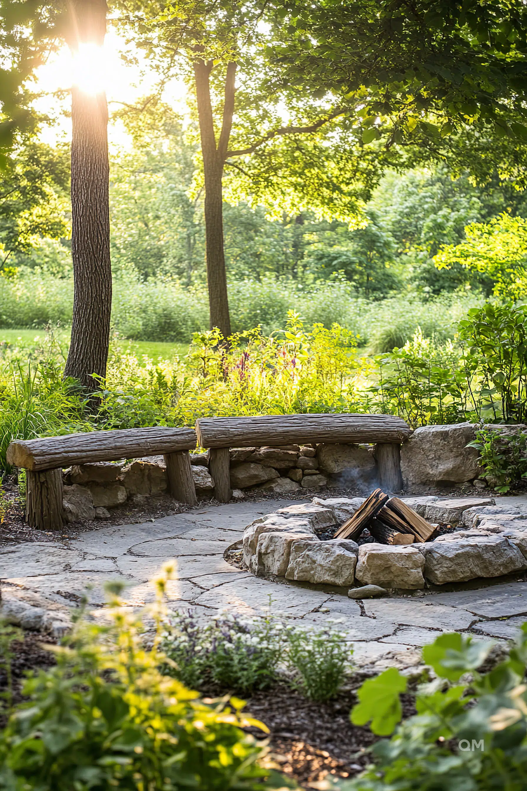 ALT: A serene garden setting with a stone fire pit and wooden benches surrounded by greenery and bathed in warm sunlight filtering through trees.