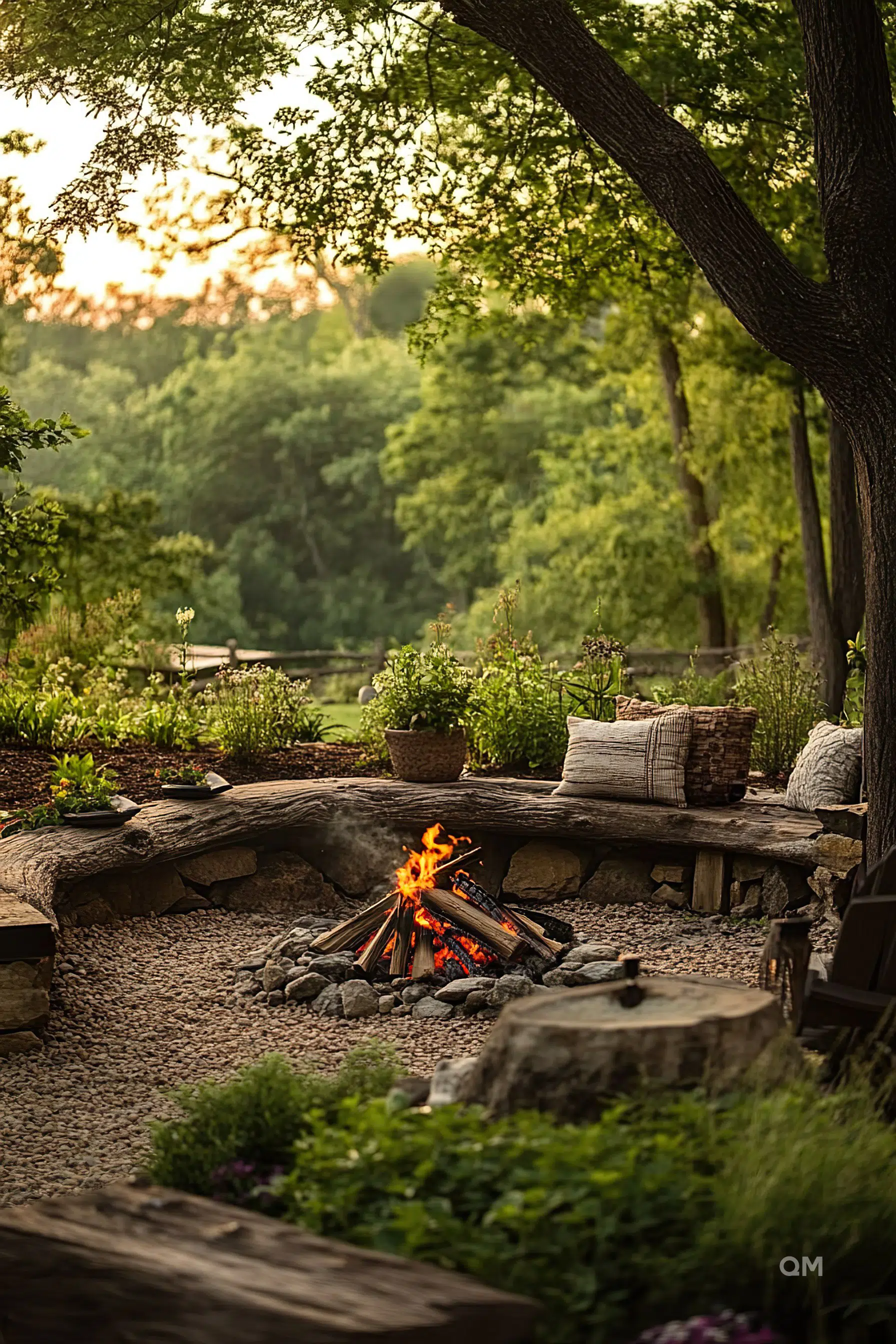 ALT: A tranquil outdoor setting with a fire pit ablaze, surrounded by wooden benches, greenery, and a backdrop of trees at dusk.
