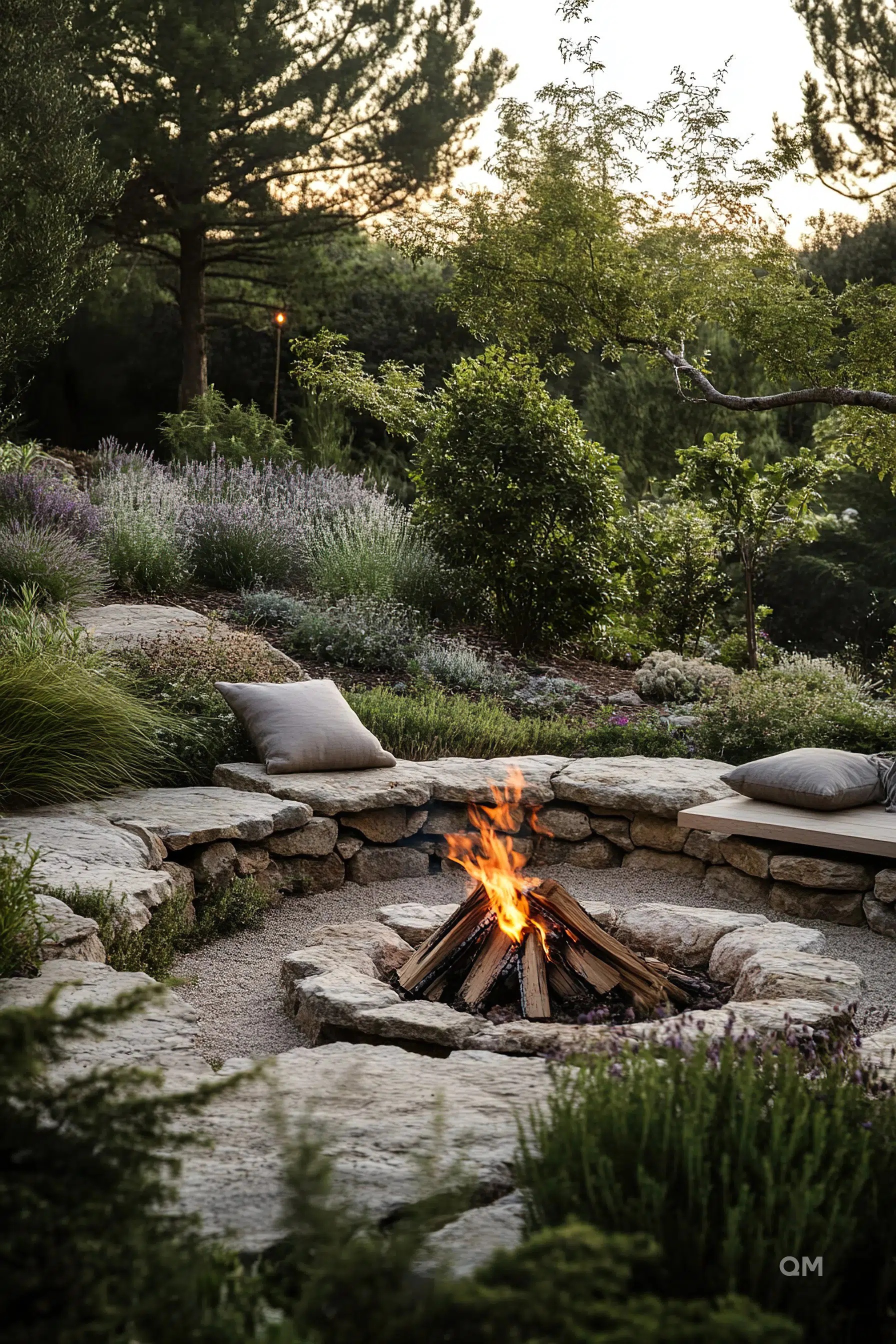 Outdoor fire pit with flames, surrounded by natural stone seating and lush garden at dusk.