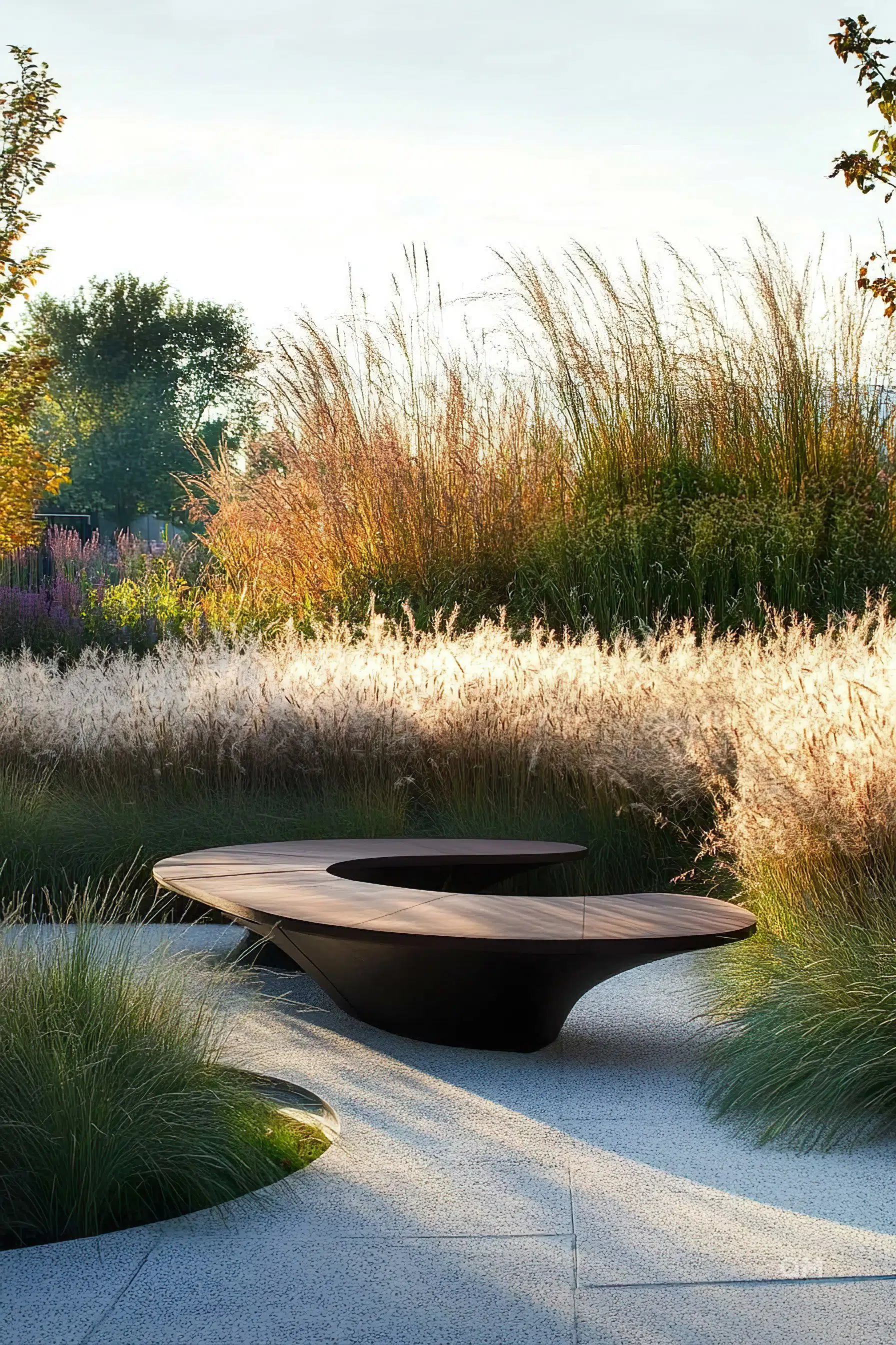 A modern wooden bench with a unique design in a serene garden setting with tall grasses and a paved pathway.