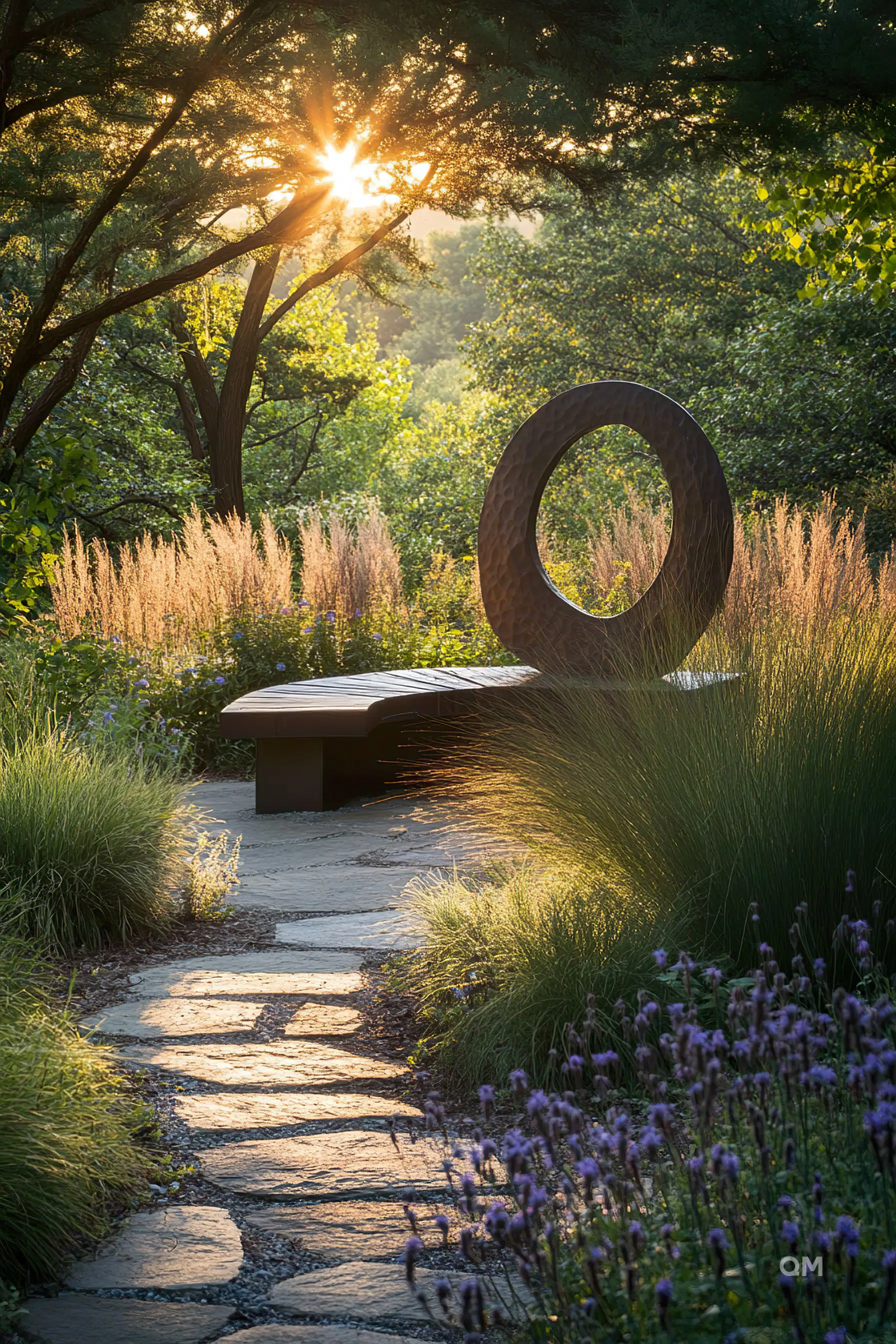A serene garden path with sun filtering through trees, ornamental grasses, a bench, and a circular sculpture.