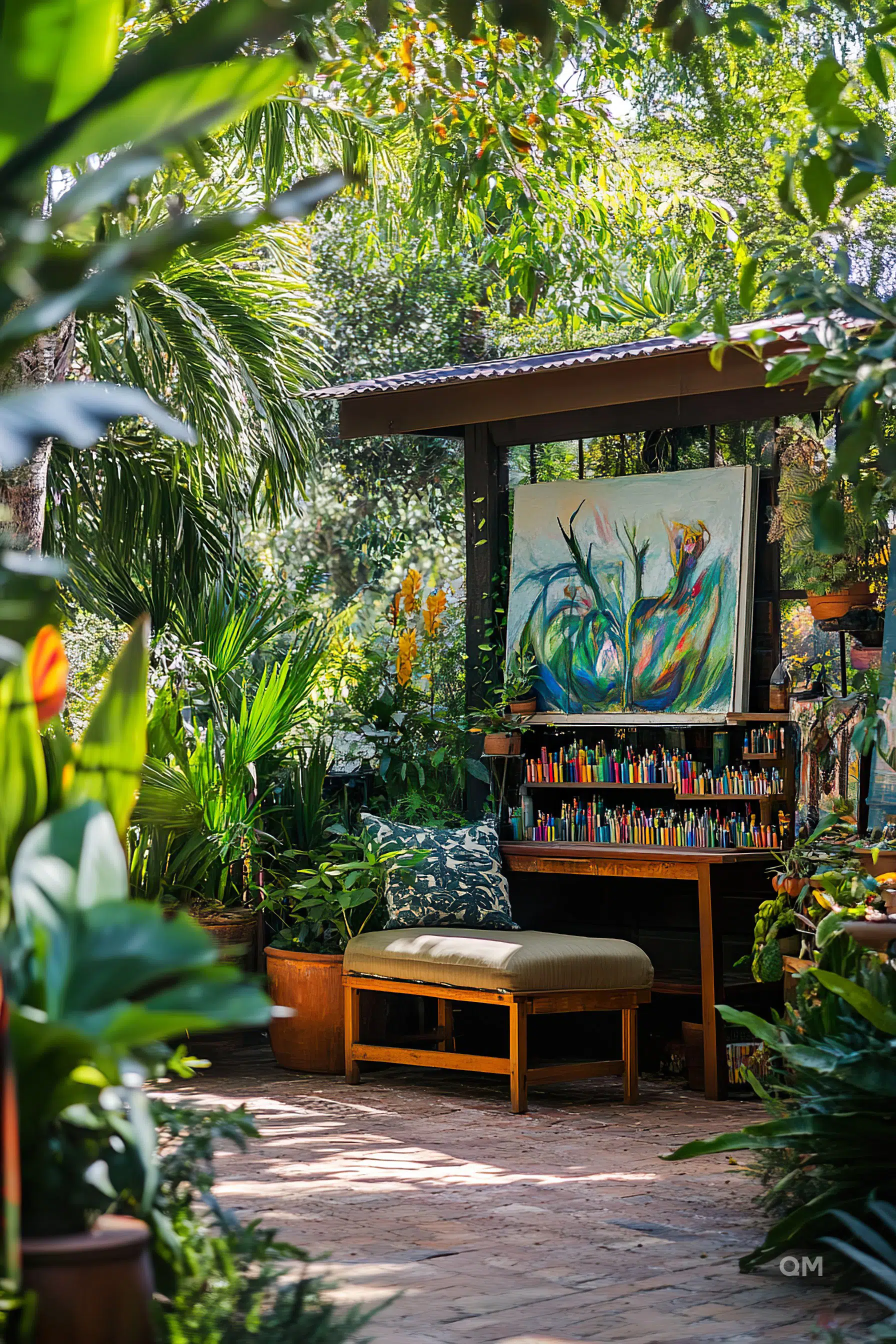 A serene outdoor art space with a colorful painting on an easel surrounded by lush greenery and a wall of art supplies.