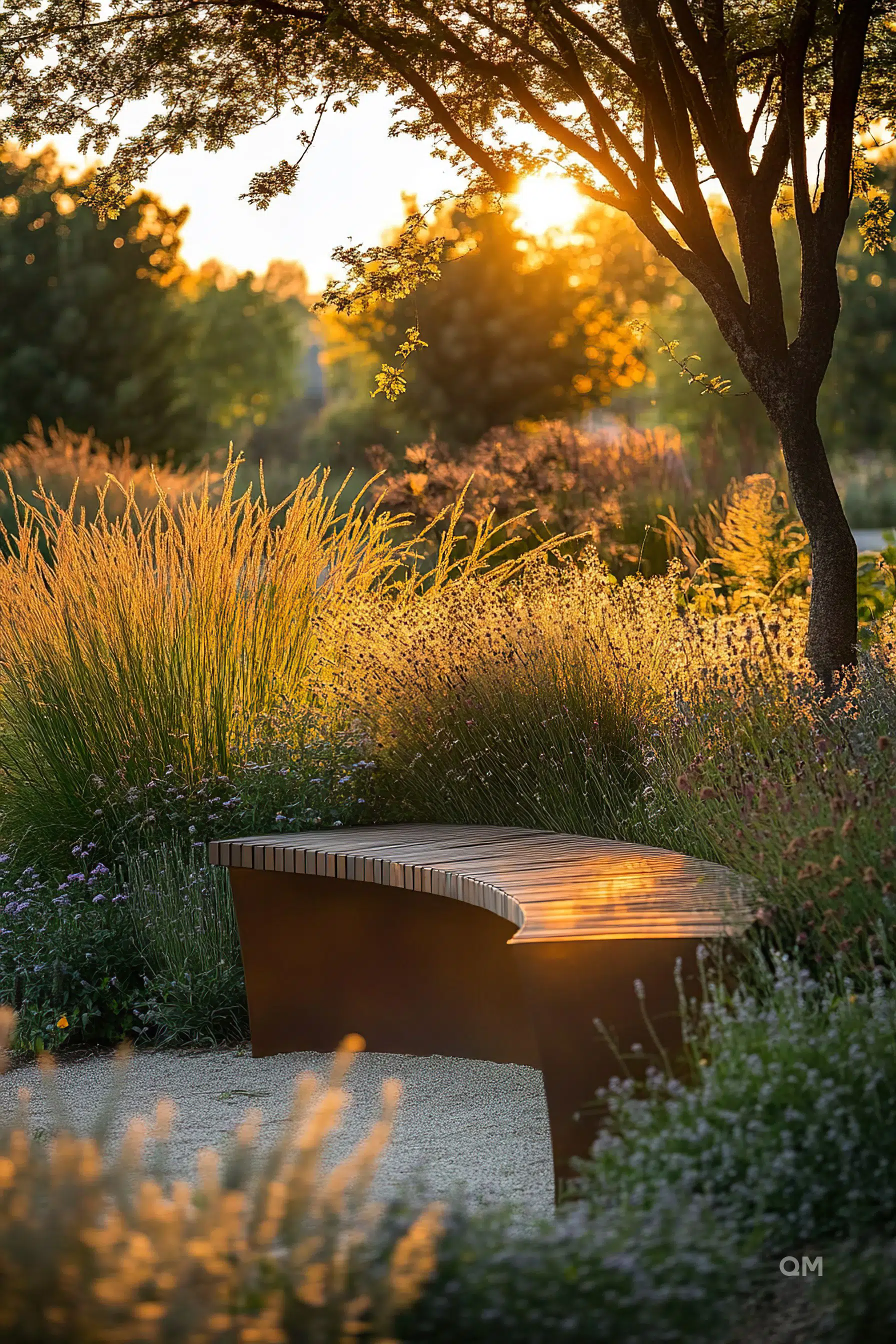 A serene park bench basked in golden sunset light amidst tall grasses and flowering plants with trees in the background.