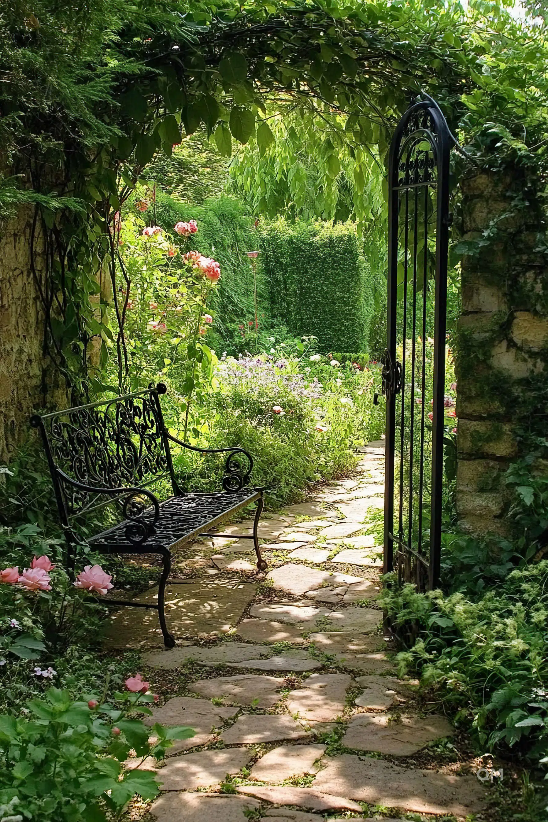 A serene garden path with a wrought iron bench, leading to an open gate, surrounded by lush green foliage and blooming flowers.