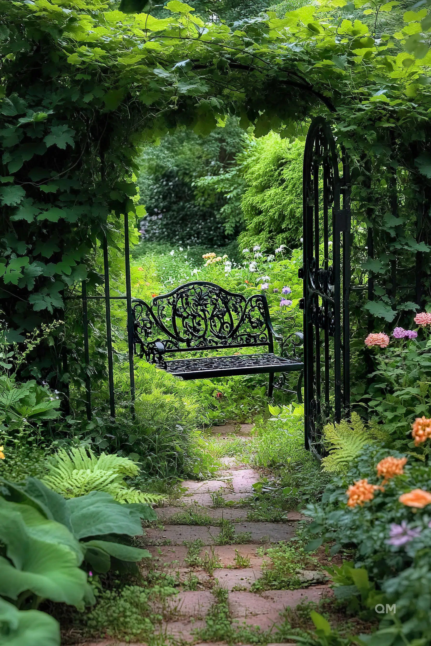 A serene garden pathway leading to a wrought-iron bench under a lush green archway surrounded by vibrant flowers.