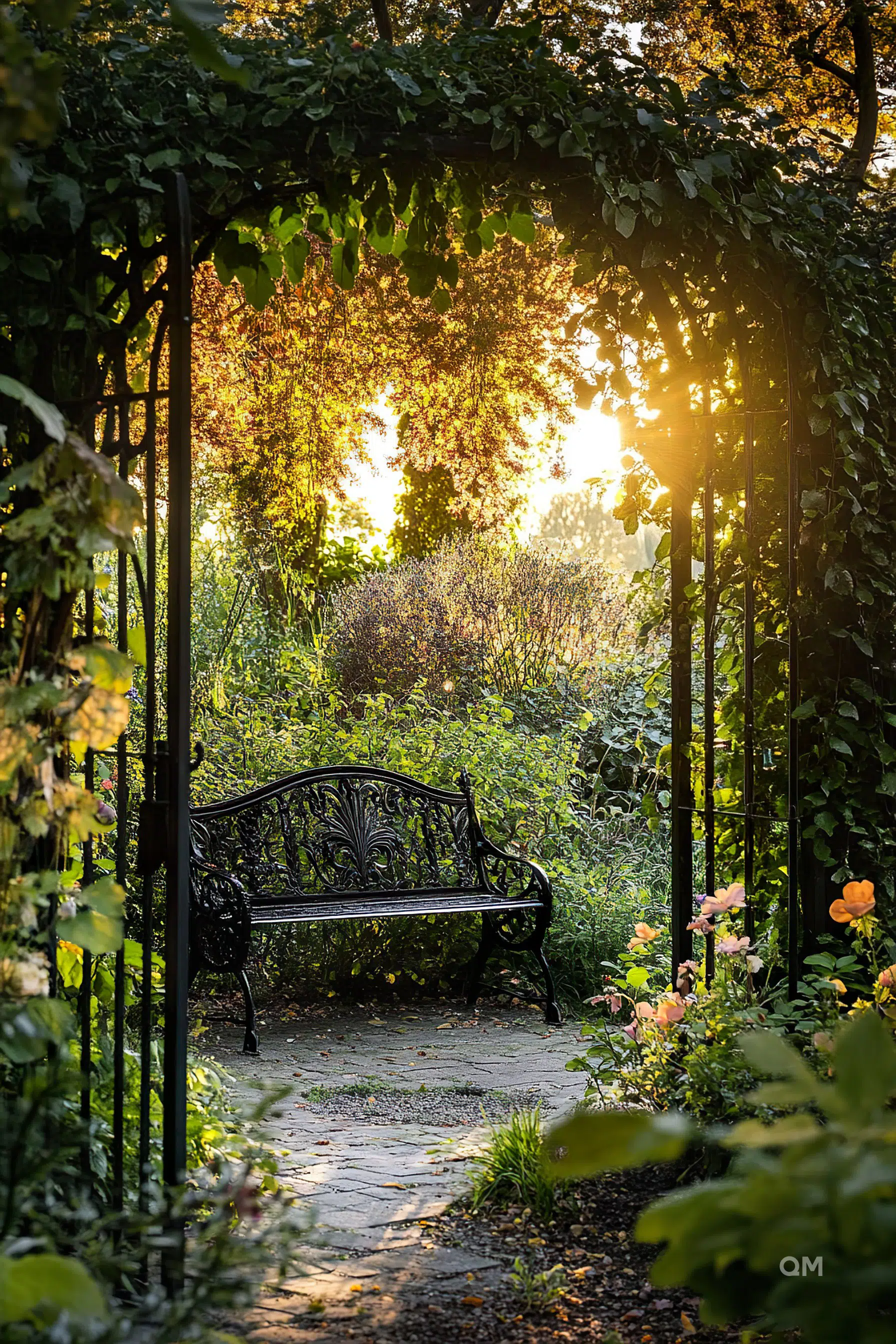 A serene garden scene with a black wrought-iron bench under a leafy archway, bathed in warm sunlight filtering through the trees.