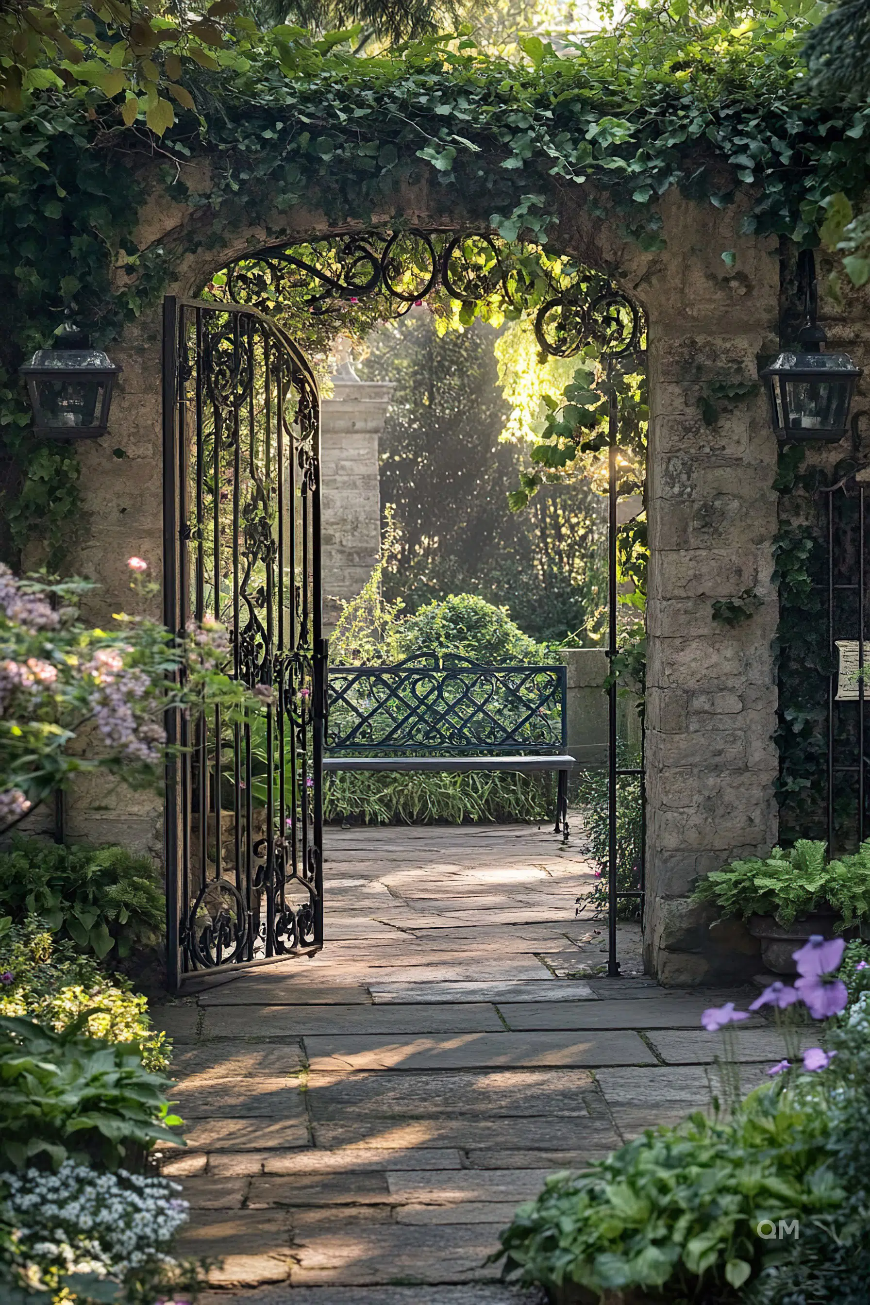An open wrought-iron gate leading to a sunlit garden, framed by ivy-covered stone walls and hanging lanterns, with a bench visible.