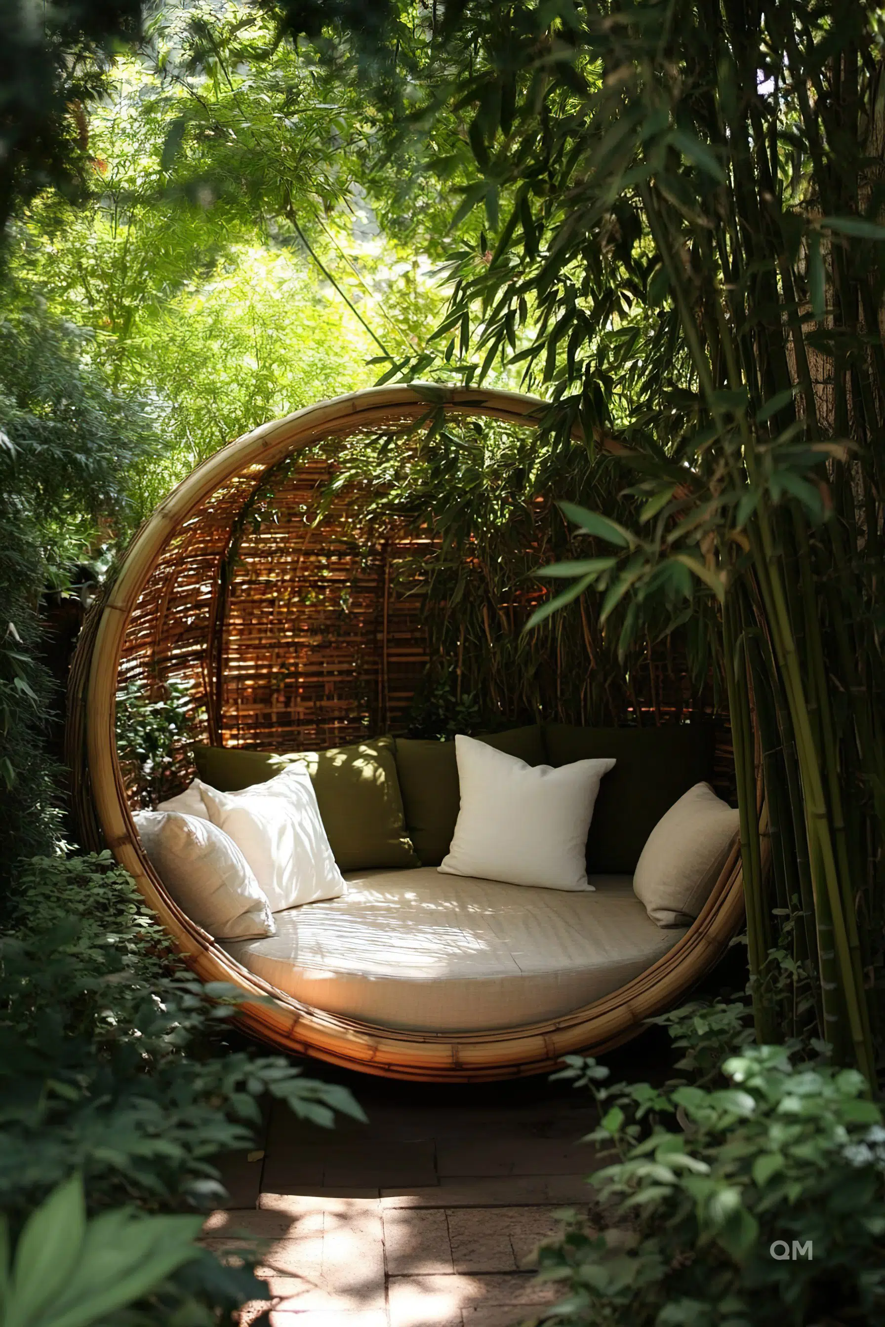 A serene garden setting with a large, round bamboo hanging chair filled with cushions, nestled among lush greenery and bamboo stalks.