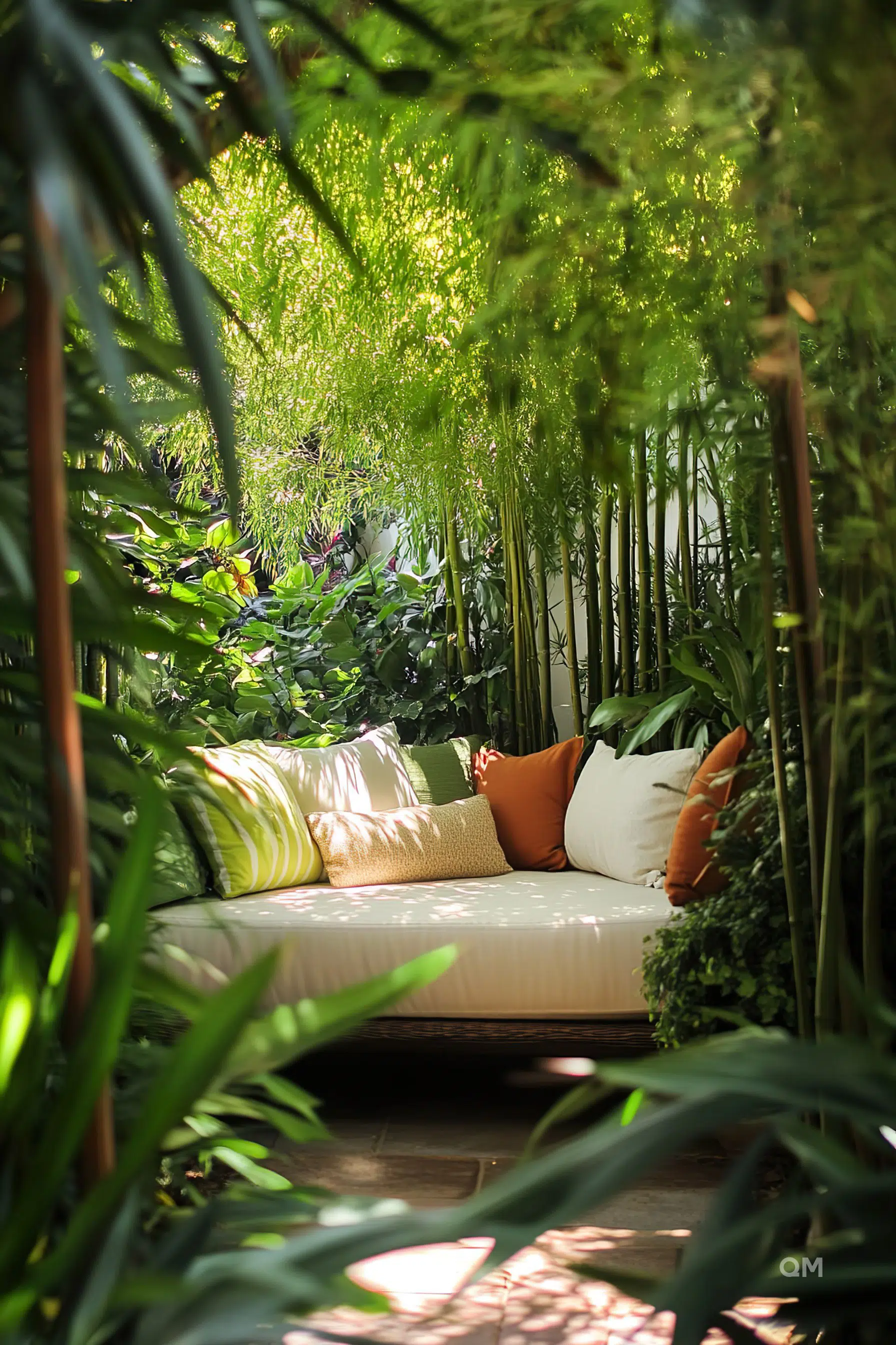 Alt text: A cozy outdoor daybed surrounded by lush greenery and bamboo, with comfortable pillows in shades of white, green, and orange.