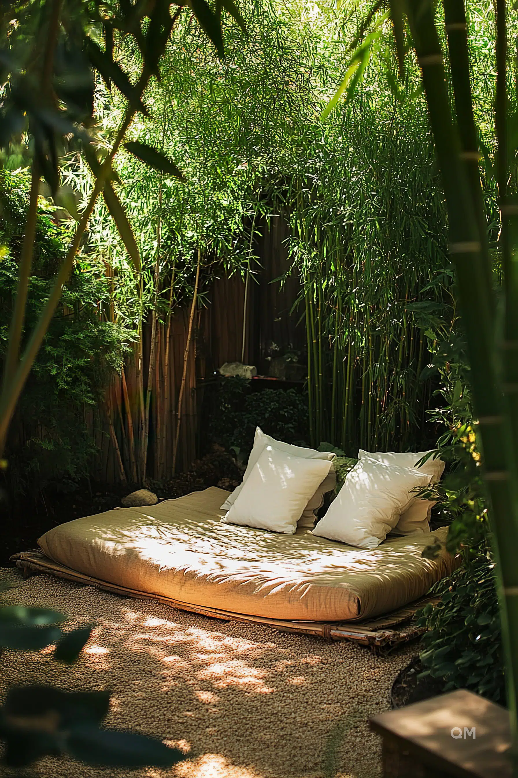 A serene garden nook with a large cushioned daybed, white pillows, surrounded by lush bamboo and dappled sunlight.