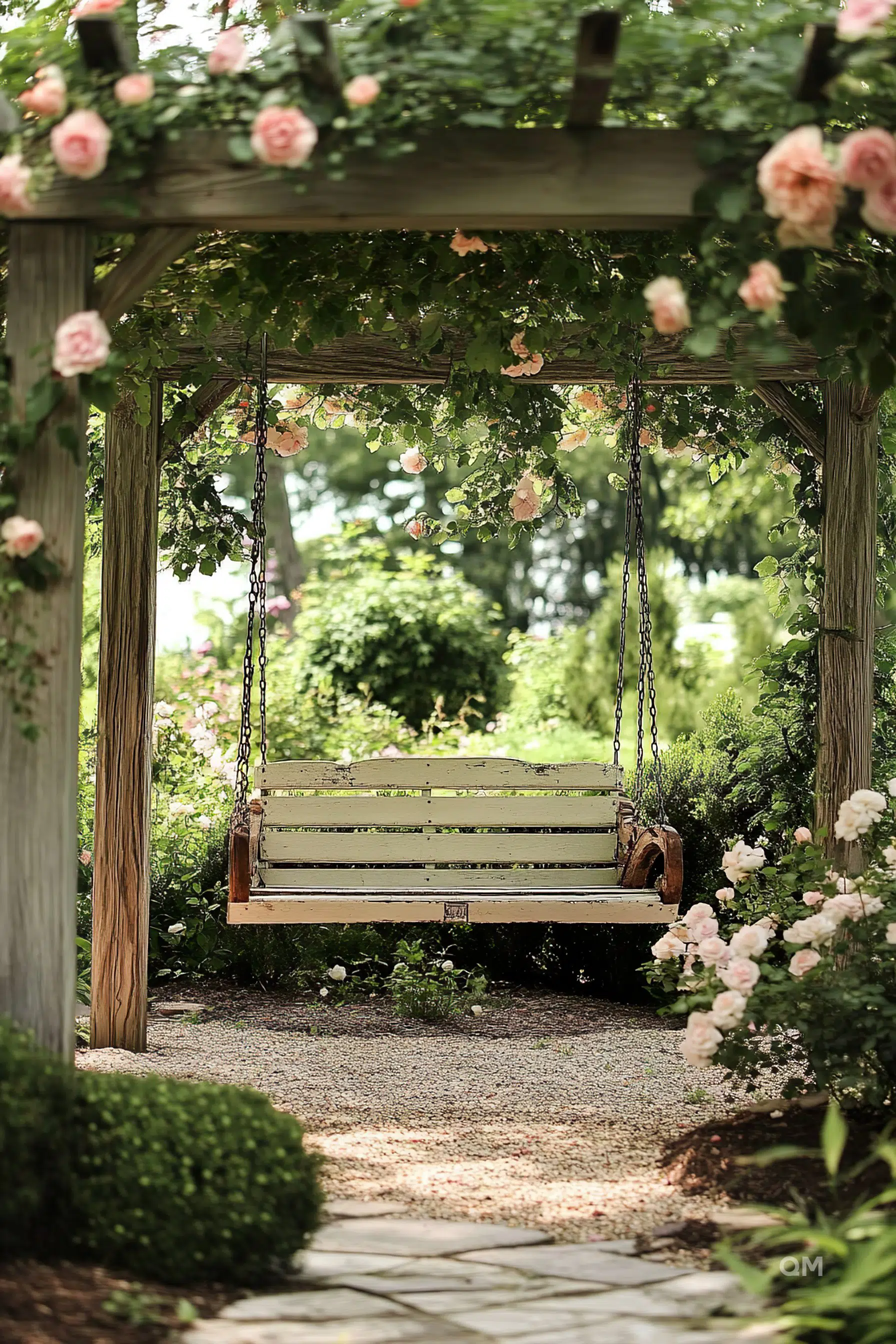 Wooden swing bench under a rose-covered pergola in a serene garden setting.