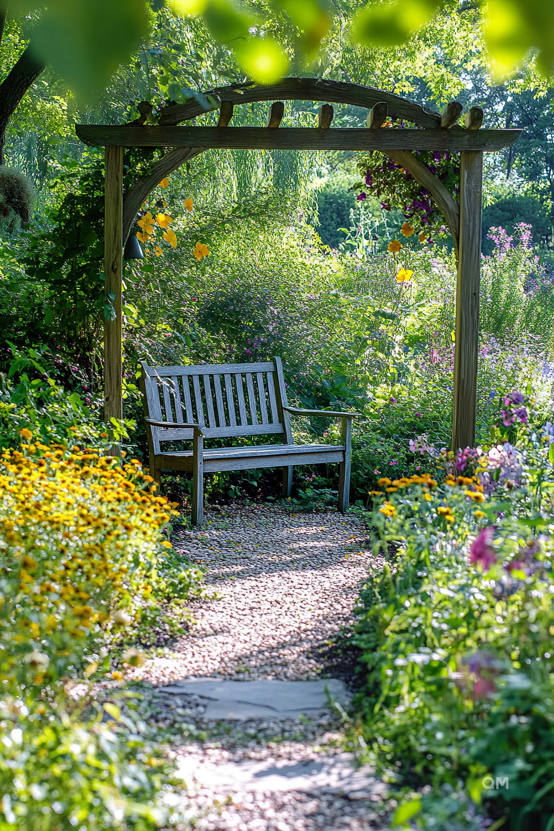 A picturesque garden pathway leads to an old wooden bench under an arched trellis, surrounded by lush flowers and greenery.