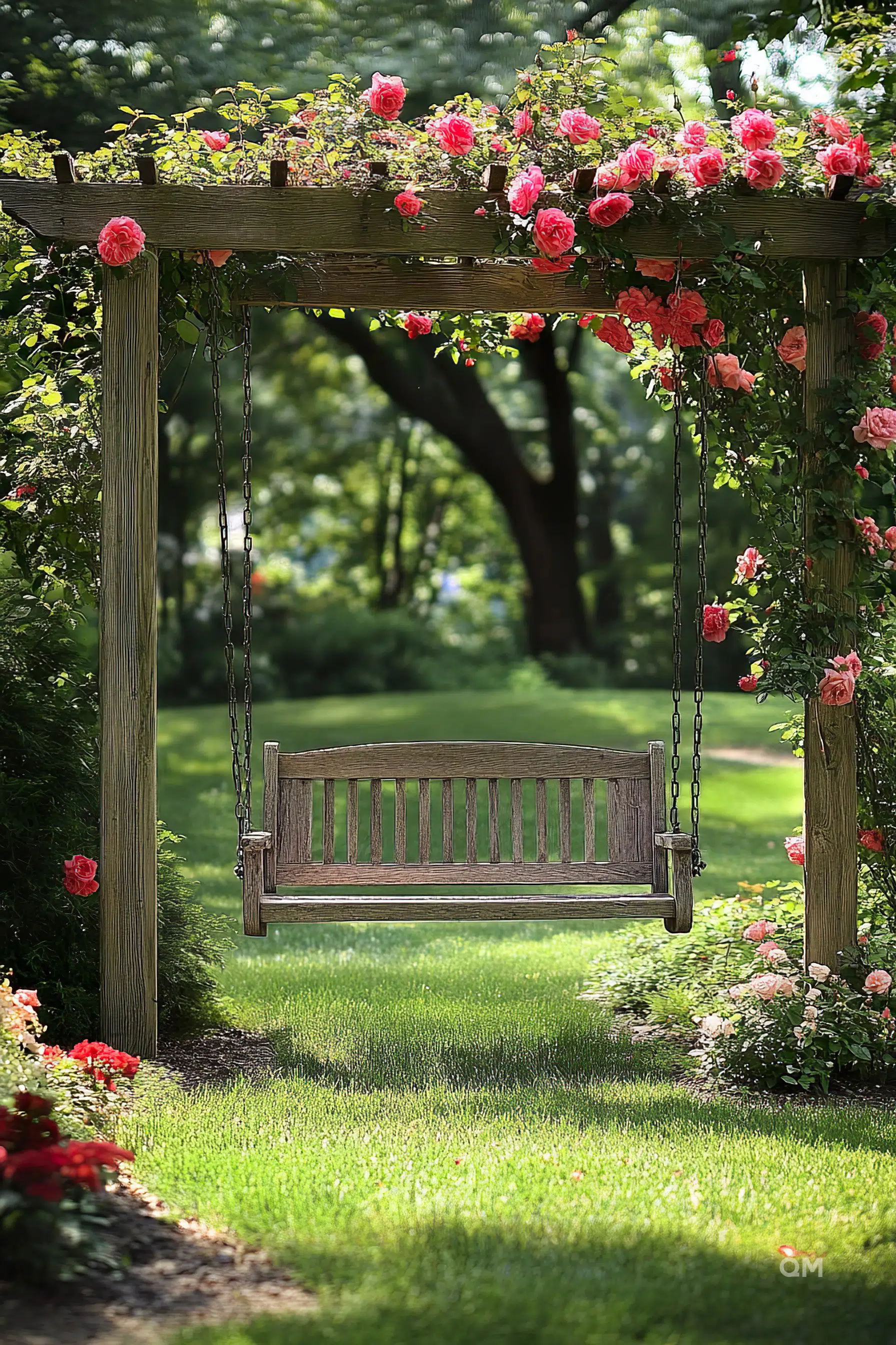 ALT: A wooden garden swing hanging from a frame adorned with blooming pink roses, set in a lush green garden.