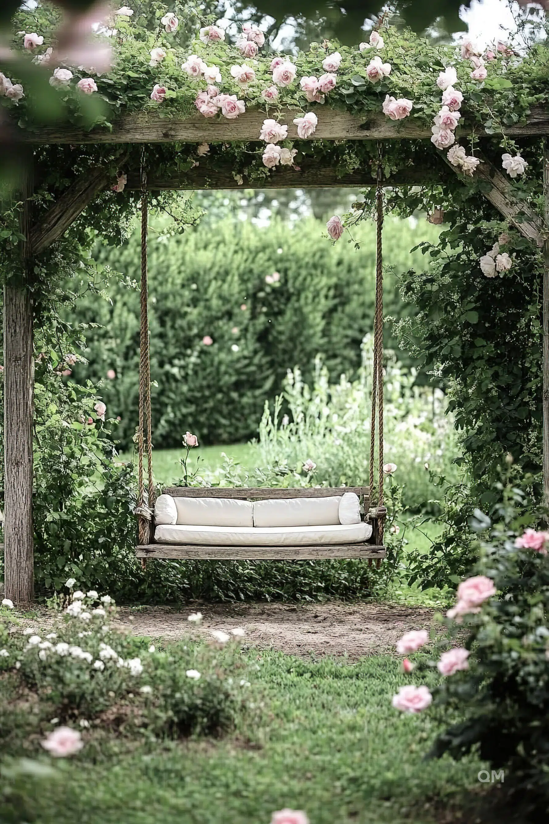 A serene garden swing adorned with climbing pink roses under a wooden arbor, surrounded by lush greenery.